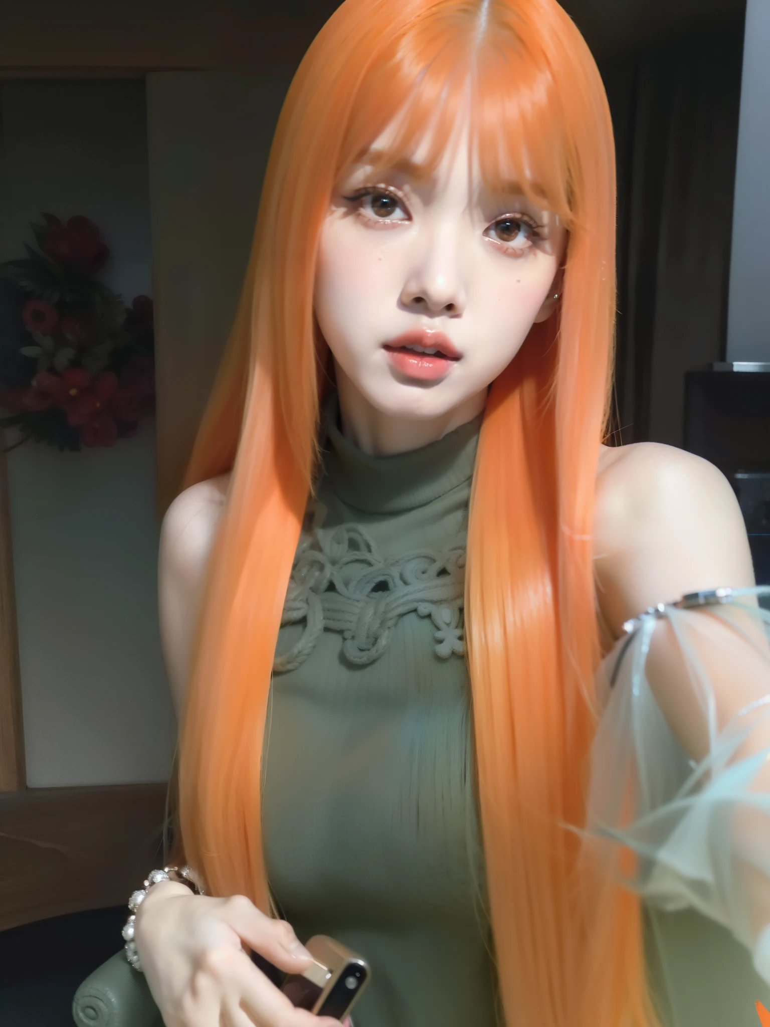 there is a woman with long pelo naranja taking a selfie, she has long redpelo naranja, ella tiene el pelo largo y castaño anaranjado, long pelo naranja, pelo naranja, el corte de hime, ulzzang, cabello naranja brillante, Halo naranja alrededor de su cabeza, very long pelo naranja, jossi de blackpink, Piel de naranja y pelo largo y ardiente., bright pelo naranja, con flequillo completo