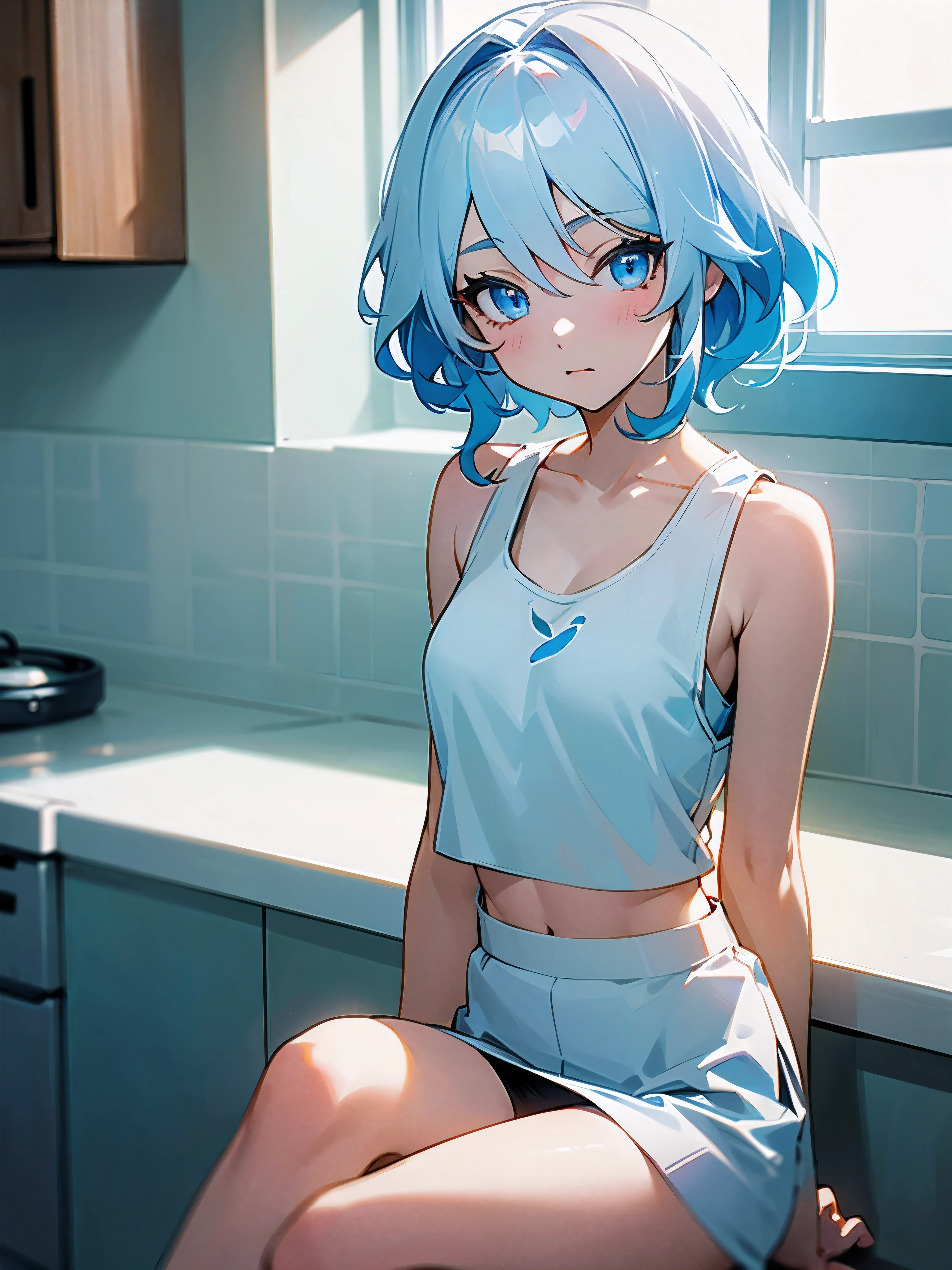 1girl, furina from genshin impact, short pale blue-white hair, wavy hair, blue eyes, different-blue eyes, wearing plain white cropped tank top, cropped tank top, white cropped tank top , cropped tank top, white overall, white mini skirt , indoor background, sunlight comes from window, kitchen background, kitchen, many furintures, cheerish ambience, sitting, looking at the camera, masterpiece, 8k, highres, ultrahd
