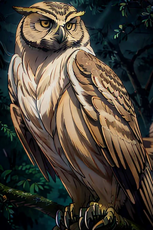 Eurasian eagle owl,brown eyes,bird of prey,sitting on a branch,nighttime,peaceful atmosphere,mappa art style,majestic,beautiful feathers,intense gaze,proud posture,imposing silhouette,sharp talons,feathery details,lush foliage surrounding the owl,dimly lit scene,dark color palette,dreamy ambiance,mystical aura,majestic creature