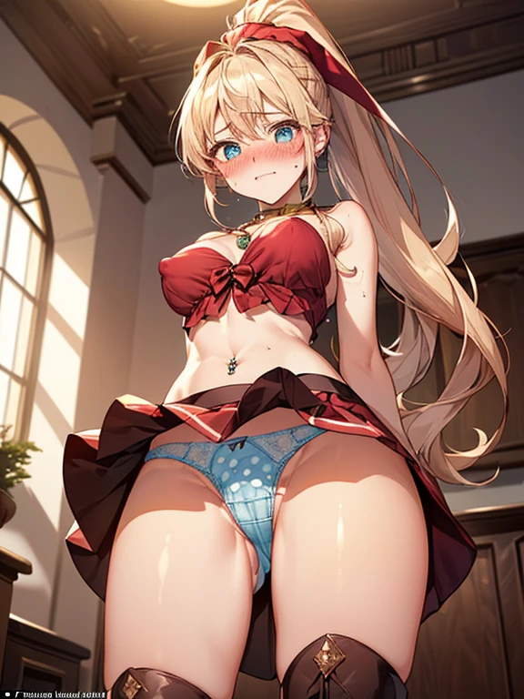 ((((perfect anatomy, super dense skin)))), 1 girl, Japanese, , shiny skin, looking at the scenery,
美しいlong hair, beautiful face, beautiful and fine eyes, (long hair:1.7, high ponytail:1.5), blonde, blue eyes, mole under eye, Save your tears、
beautiful clavicle, beautiful body, beautiful breasts, beautiful feet, (very huge breasts、small prominent nipples)、perfect body, gorgeous face, fascinating , (((skinny thin thighs、small butt), (Navel exposed、navel piercing、thin thin waist)、small hips、small thin body))
((Dressed in Santa Claus costume, symmetrical clothes, metallic red santa claus hat, metallic red santa claus dress, metallic red santa claus boots, bare shoulders), christmas necklace),
(facing the front)(((embarrassed look、blush:1.4)), (((The wind blows up the skirt)))、(Aqua blue polka dot underwear on white fabric、thong,tanga,G-strings,wet cameltoe)
(beautiful scenery), indoors, (Living room at night, dimly lit throughout,from belowの照明)、 (Christmas tree:1.3),
(highest quality, masterpiece:1.2, very detailed), (realistic), beautiful illustrations, cinematic lighting, (Focus on underwear and thighs, from below, View from the front:1.3),