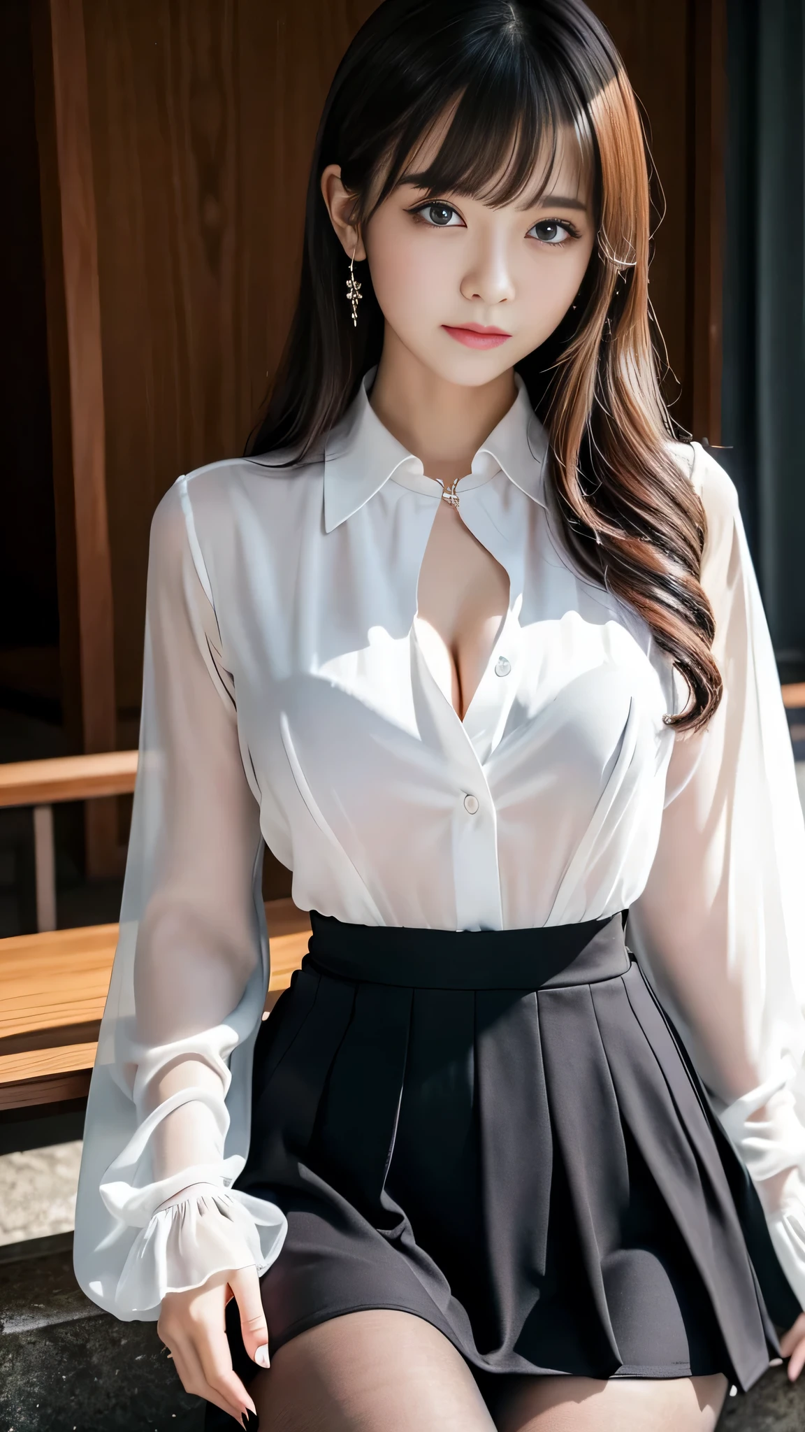 Super detailed、Japanese、charming beauty、seductive adult woman、Dainty woman、sharp eyes、cool girl、wavy hair、suit、Black chiffon、lacy fabric、wide sleeve、Jacket、white blouse、flare skirt、pantyhose、Shiny legs、evilの幹部、evil depravity、brainwashing、Mind control、left hand holding lips、grin、邪evilなな表情、evil、empty eyes、邪evilな、Church of Darkness、seductive pose、