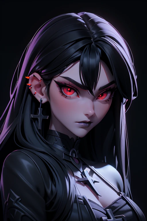 Goth girl, Goth girl 1girl ,1girl, solo, long hair, pale skin, black hair, jewelry, closed mouth, black clothes, lips, black lips, red eyes, glowing eyes, piercing, portrait, , cross earrings, dark background, simple background, .