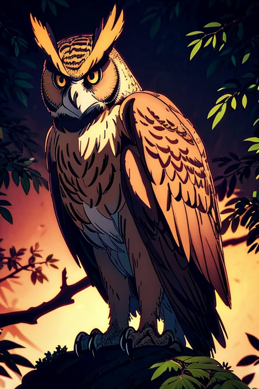 Eurasian eagle owl,brown eyes,bird of prey,sitting on a branch,nighttime,peaceful atmosphere,mappa art style,majestic,beautiful feathers,intense gaze,proud posture,imposing silhouette,sharp talons,feathery details,lush foliage surrounding the owl,dimly lit scene,dark color palette,dreamy ambiance,mystical aura,majestic creature