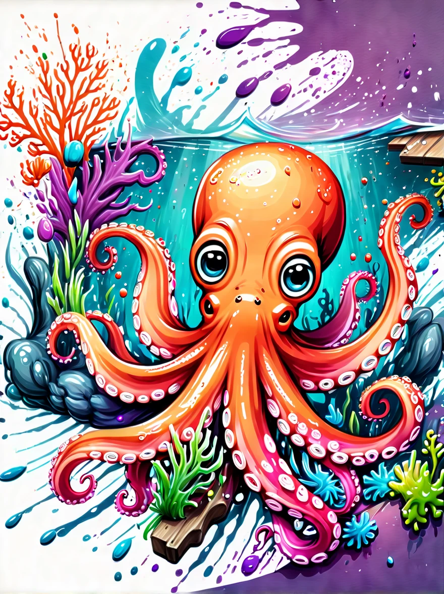 Illustrated style and whimsical atmosphere，an underwater world，((A cute octopus draws on the drawing board:1.5))。((Intense splatter effect of oil paints and colored inks:1.6))，(More splatter effects on the canvas and the octopus itself)。The octopus should look happy doing its art，Surrounded by a vibrant aquatic environment filled with coral and marine life。(vector illustration:1.2)