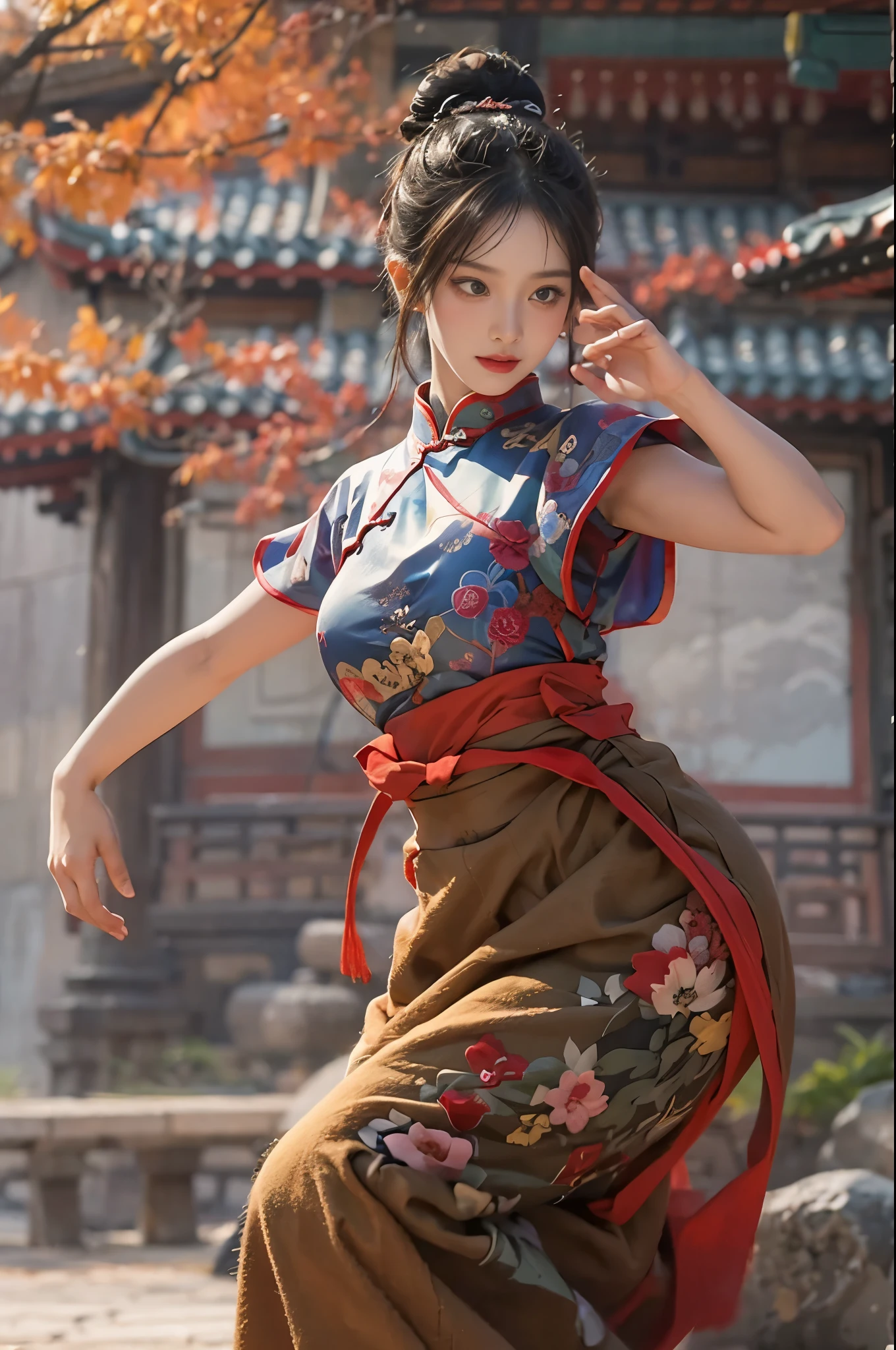 Envision a dynamic scene with a 28-year-old brunette woman, her hair styled in two elegant buns, adorned in a vibrant Qipao (Cheongsam) that showcases intricate Chinese motifs. Picture her striking a poised Kung Fu pose amidst the serene surroundings of a setting reminiscent of the Shaolin Temple. Capture the essence of her strength and grace as she embodies the spirit of martial arts, with the flowing fabric of the Cheongsam adding a touch of elegance to each movement. Illustrate the details of her posture, the vibrant colors of her attire against the backdrop of a Shaolin-like environment, creating a visually captivating depiction of this martial arts-inspired moment.