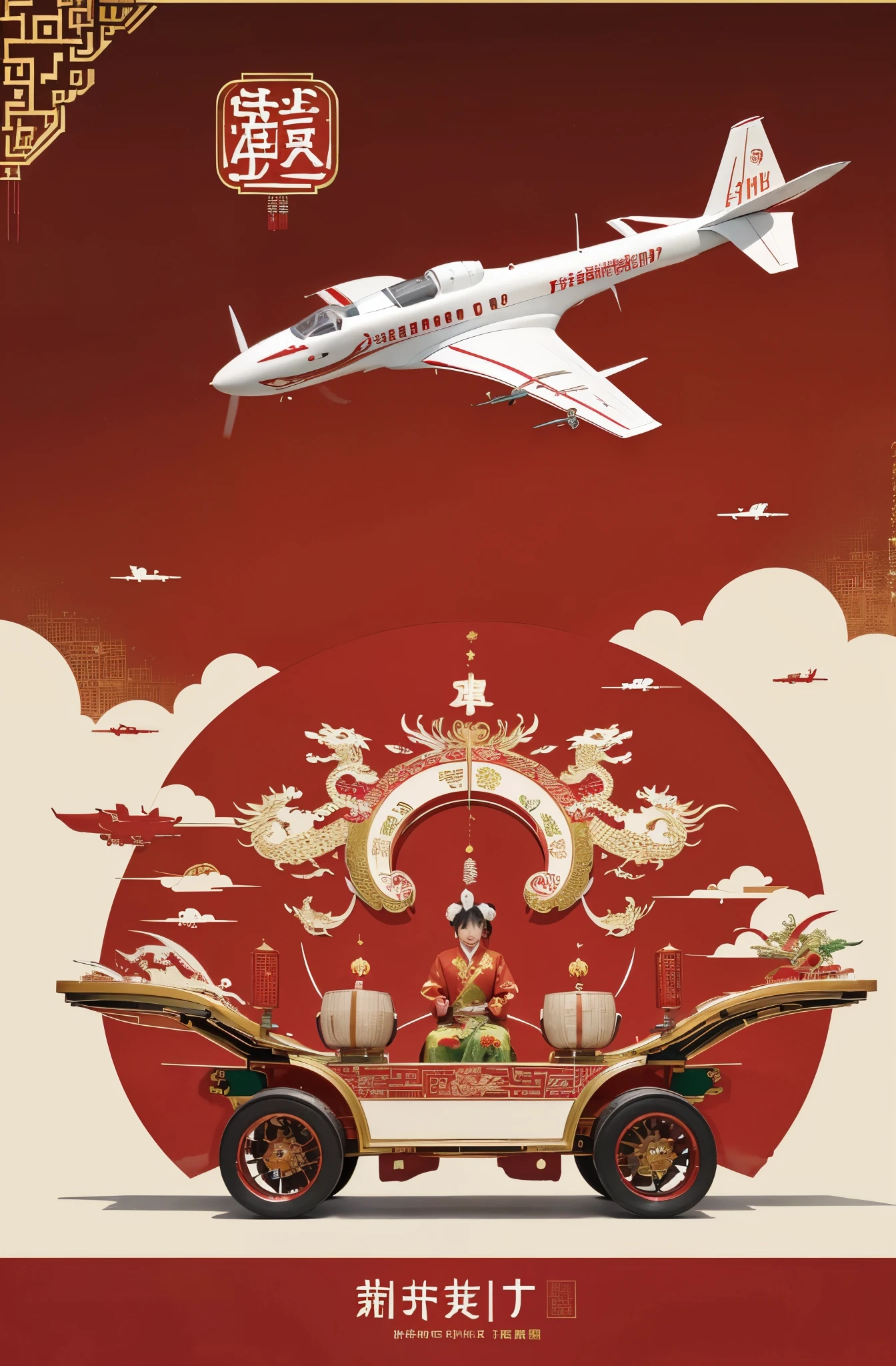 Red festivals, celebrations, aircraft design, Chinese dragon, Chinese dragon squat, symmetry, festive, New Year celebration, holiday celebration, Chinese cultural theme style, soft color, warm color panel, vibrant illustration, color color, color color Murals, minimalism-AR3: 4- -Niji5