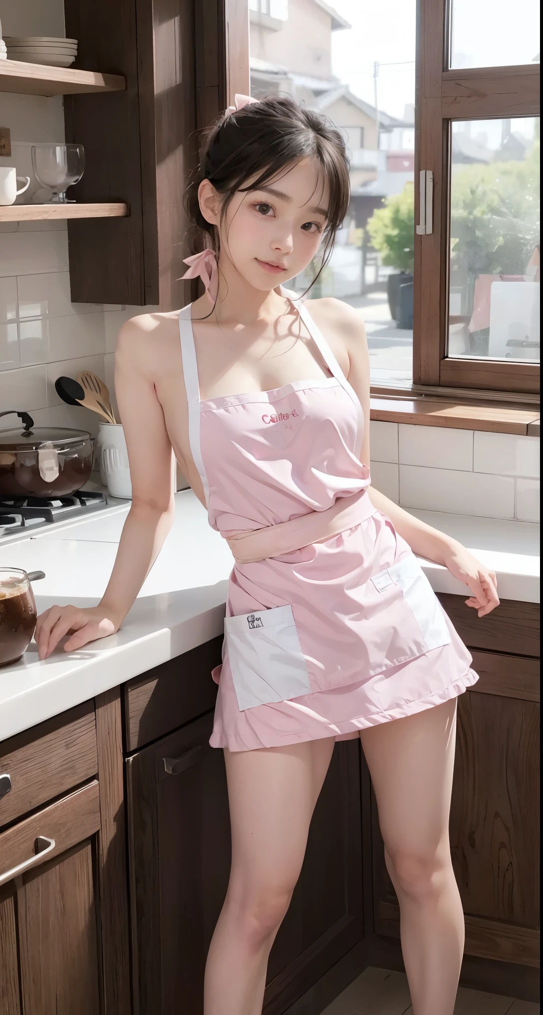 with a girl:her hair is black and short、14 years、laughter、Her face is round and cute、looking sideways、turn around、(white and pink mini apron:1.5)、Kitchen Scene:There is a beautiful シーン floating in the background.、blue sky, White cloud, Green meadows and colorful flowers。The シーン is softly painted like a watercolor painting.、It's a dreamy atmosphere。The シーン expresses the imagination and sensibility of the girl、Pubic hair shows completely naked pubic hair) ,more_be familiar with:1.5, (More and more_be familiar with:1.9)、big breasts、brain out、sunburn、sweat muscle、short straight blonde hair、(Almost naked:1.5)、(naked apron:1.3)、Wear one apron on your body、nude,((Cafe style:1.3))、punk girl、(Styling hair with both hands:1.3)、cleanliness、Nipple peen、Carefree smile、Exposing the bulge of the chest、shaking 、Mole in the mouth、inner thigh、(perfect slim female anatomy)、wearing cute slippers