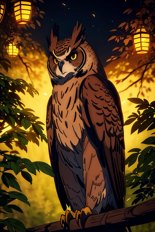 Eurasian eagle owl,brown eyes,bird of prey,sitting on a branch,nighttime,peaceful atmosphere,mappa art style,majestic,beautiful feathers,intense gaze,proud posture,imposing silhouette,sharp talons,feathery details,lush foliage surrounding the owl,dimly lit scene,dark color palette,dreamy ambiance,mystical aura,majestic creature