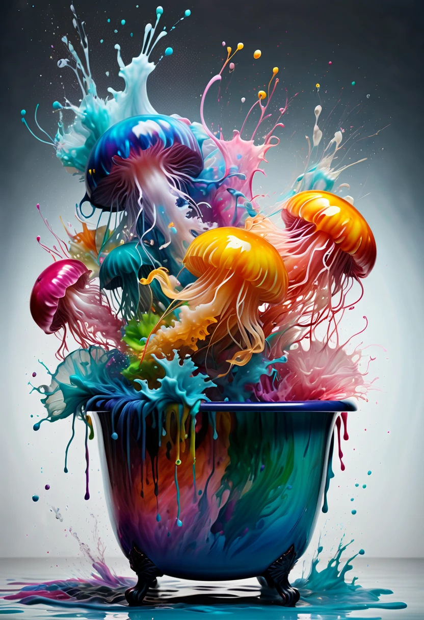 (best picture quality，4k,8k，high-definition，masterpiece:1.2)，Ultra-detailed，(lifelike，lifelike，lifelike:1.37)。ink splash：1.5，art masterpice，Mr. Jellyfish in the glass bathtub，Angry jellyfish sprays colorful ink，（（（ink splash效果：1.37，Sprayed paint：1.37.splash of colorful paint，paint splatter background，）））Energetic movement，Dynamic and powerful abstract art，rich colors，propylene，Vivid rainbow hues，Happy and lively atmosphere，bright orange，Pink，Whimsical and dreamy，Spontaneous splashing，bold color contrast。