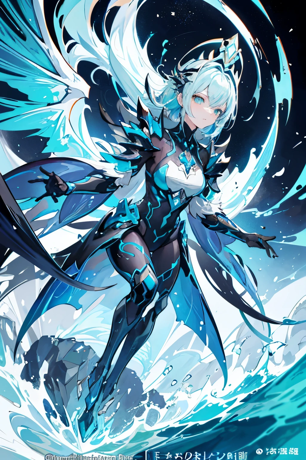 Masterpiece, best quality, a woman in black and blue walking in water with a dragon, in the style of mecha anime art, gray and bronze colors dominating the scene, with light white and teal accents, intricate hand-painted details adding texture and depth, genderless figure exuding power and mystery, gongbi technique used to create bold lines and dynamic shading, dragon's scales shimmering with iridescent colors, water's surface rippling with each steps the woman takes, perspective view from above, creating a sense of grandeur and vastness.