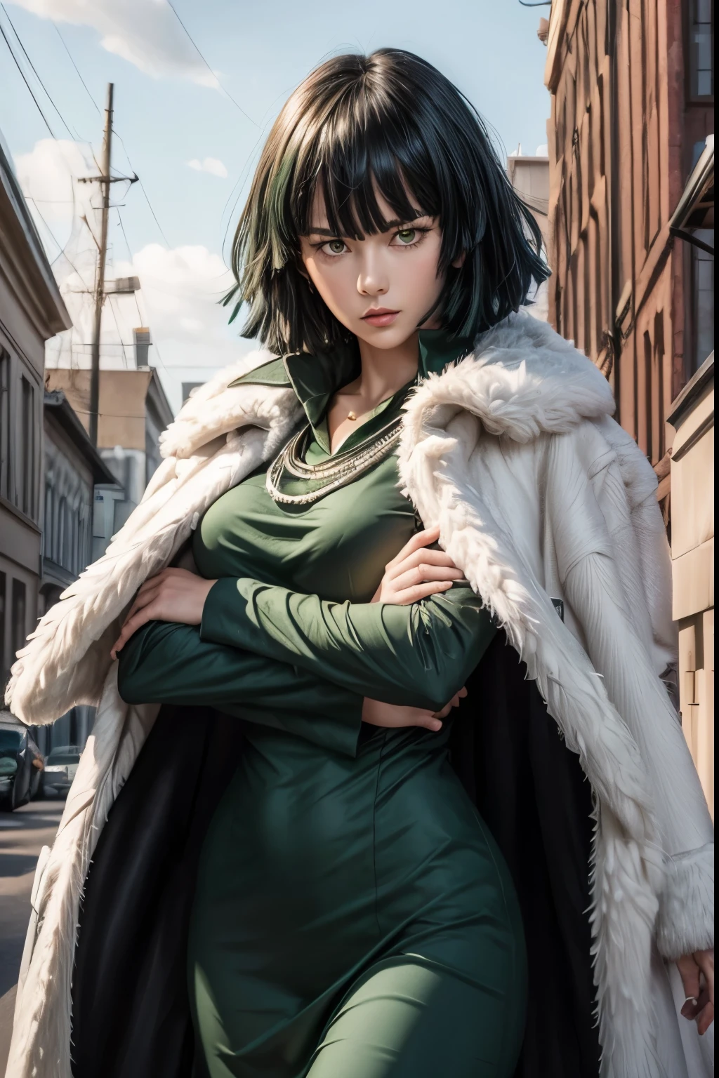 Fubuki,1girl,jewelry,dress,fubuki (one-punch man),solo,necklace,short hair,green eyes,bangs,green dress,pearl necklace,long sleeves,fur coat,blunt bangs,pantyhose,thighhighs,black pantyhose,black thighhighs,full body,bob cut, realistic, ultra detail, 70mm lens