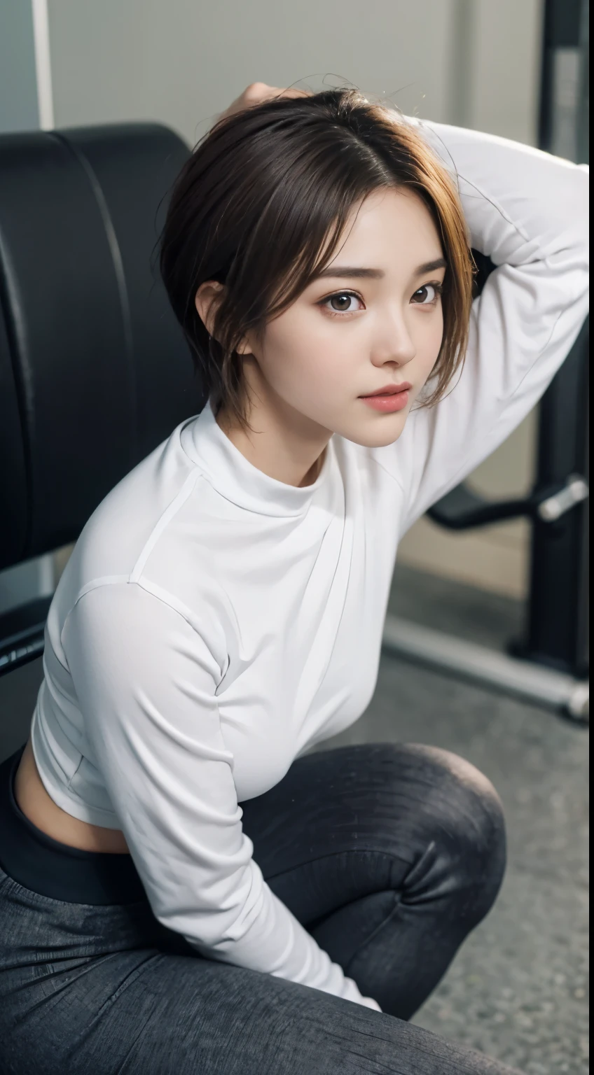 (masterpiece:1.3), (8K, Photoreal, RAW photo, best image quality: 1.4), Japanese high school girl、(Power Rack、ダンベルvery short hair、random hairstyle:1.2,Blue yoga wear with long sleeves and high neck、Long pants leggings、sports shoes)、super detail face、pay attention to details、double eyelid、chest to chest、sharp focus:1.2、Beautiful woman:1.4、light brown hair、highest quality、masterpiece、ultra high resolution、(Photoreal:1.4、Being in the gym、Power Rack、big breasts、Sit on the training bench)、Highly detailed and professional illuminated smile、thin、serious expression、short hair、deadly position,、on top of the wrap、Fancy wallpapers、side shot