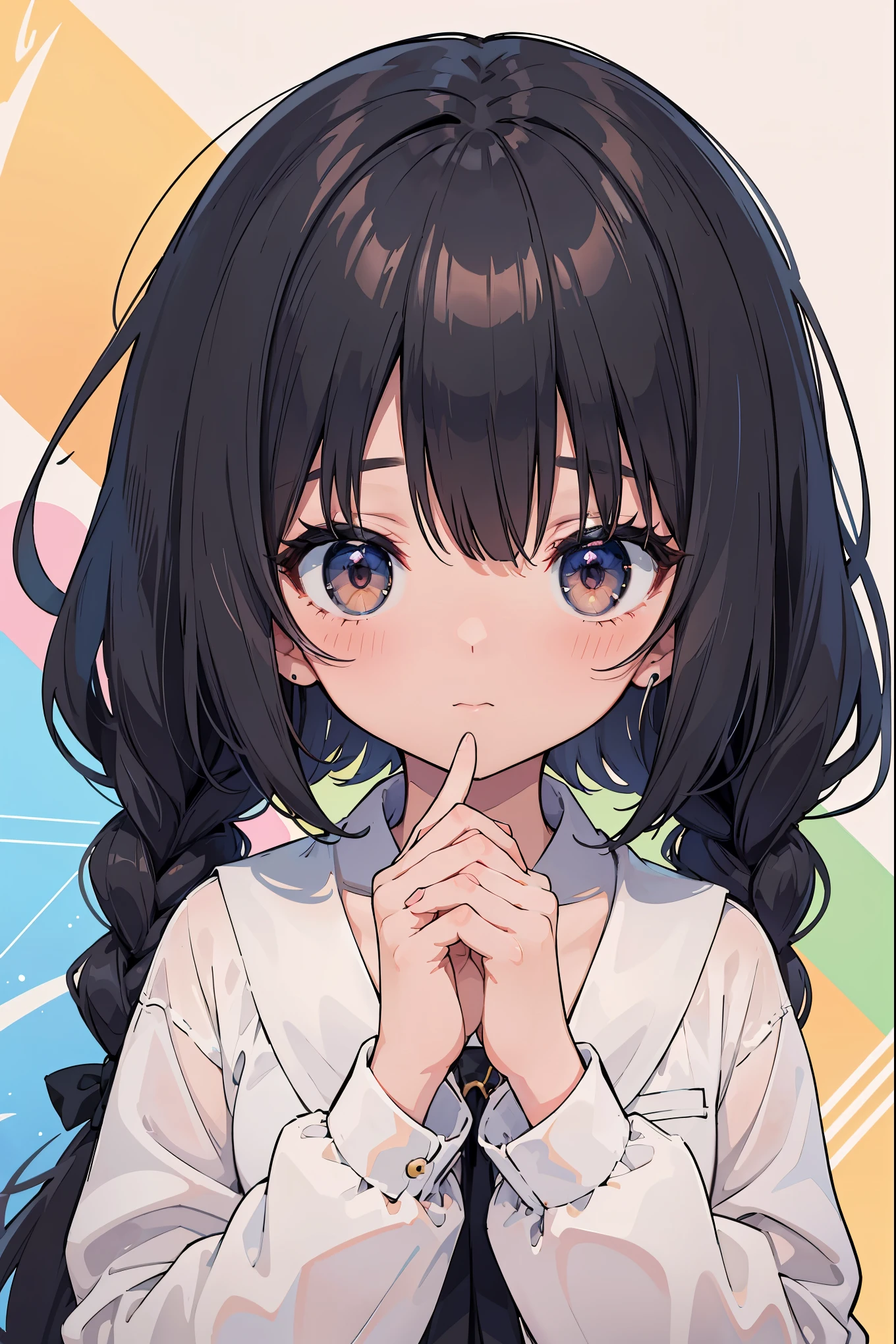 Top Quality, Masterpiece, High Resolution, 8k, Pastel Colors, Anime Style Girl, Light Clothing, One Girl, (Covered One's Cheek with One's Hands): 1.4, Blush, Detailed Line Art, Bright White and Bright Amber Style, Digital Enhancement, Anime Core, Flowing Fabric, Close Up, Hair Length and Short Braids to Shoulder Opening, Beautiful Black Hair, Bust-up