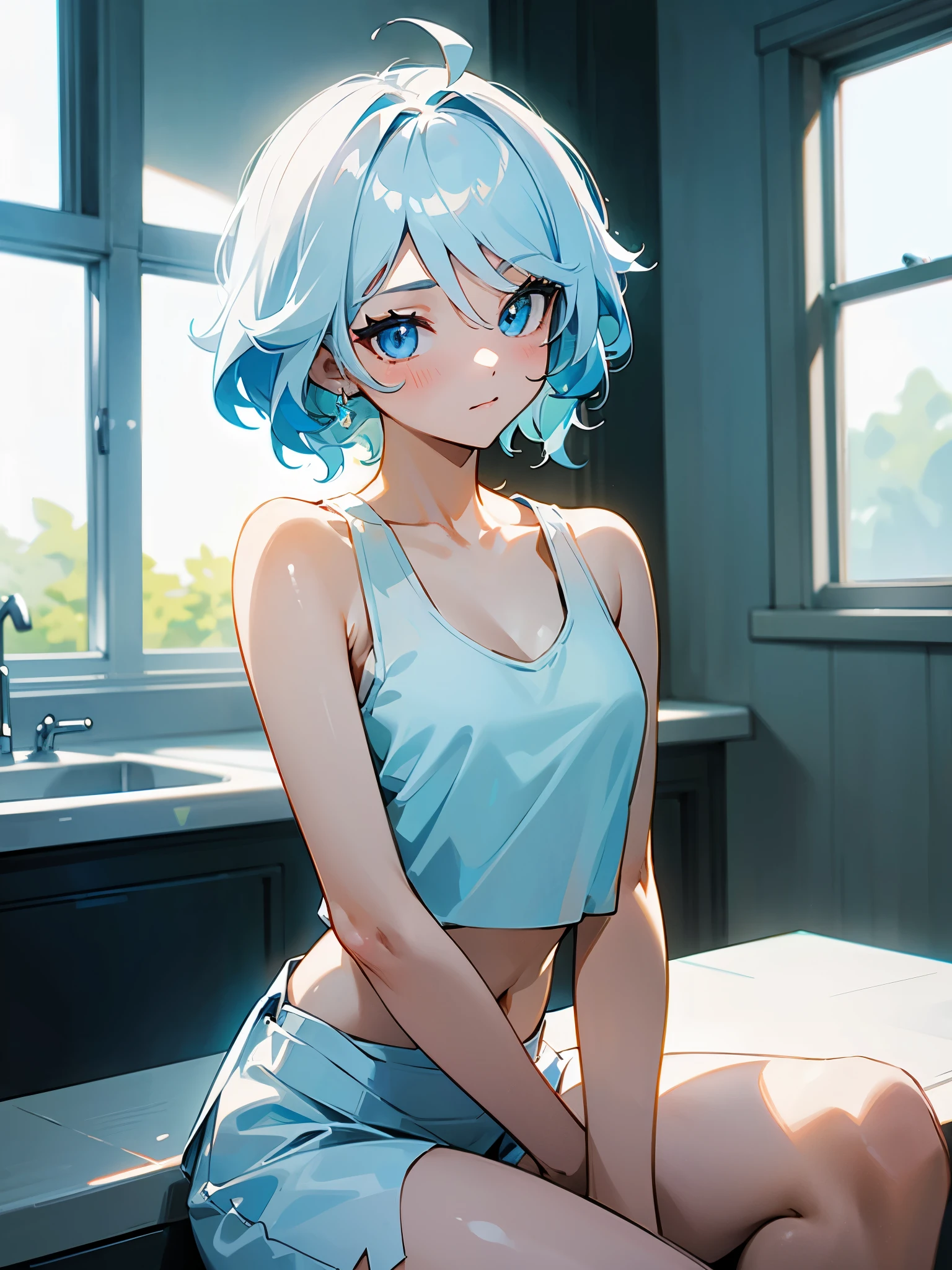 1girl, furina from genshin impact, short pale blue-white hair, wavy hair, blue eyes, different-blue eyes, wearing plain white cropped tank top, cropped tank top, white cropped tank top , cropped tank top, white overall, white mini skirt , indoor background, sunlight comes from window, kitchen background, kitchen, many furintures, cheerish ambience, sitting, looking at the camera, masterpiece, 8k, highres, ultrahd
