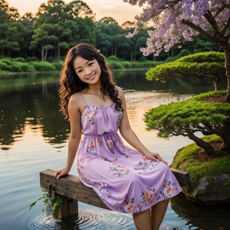 Cute Girl, beautiful, slight asian heritage, shiny curly hair that fans out a lot towards the bottom, modest, big flowey dress, soft face, hyper realistic, a smile as if she found her soulmate, sitting on a swing hanging from a bonsai tree, surrounded by a circular pond with her on a patch of land in the middle, slight breeze, flowers in the water, purplish sunset in the background behind a thick forest, colorful