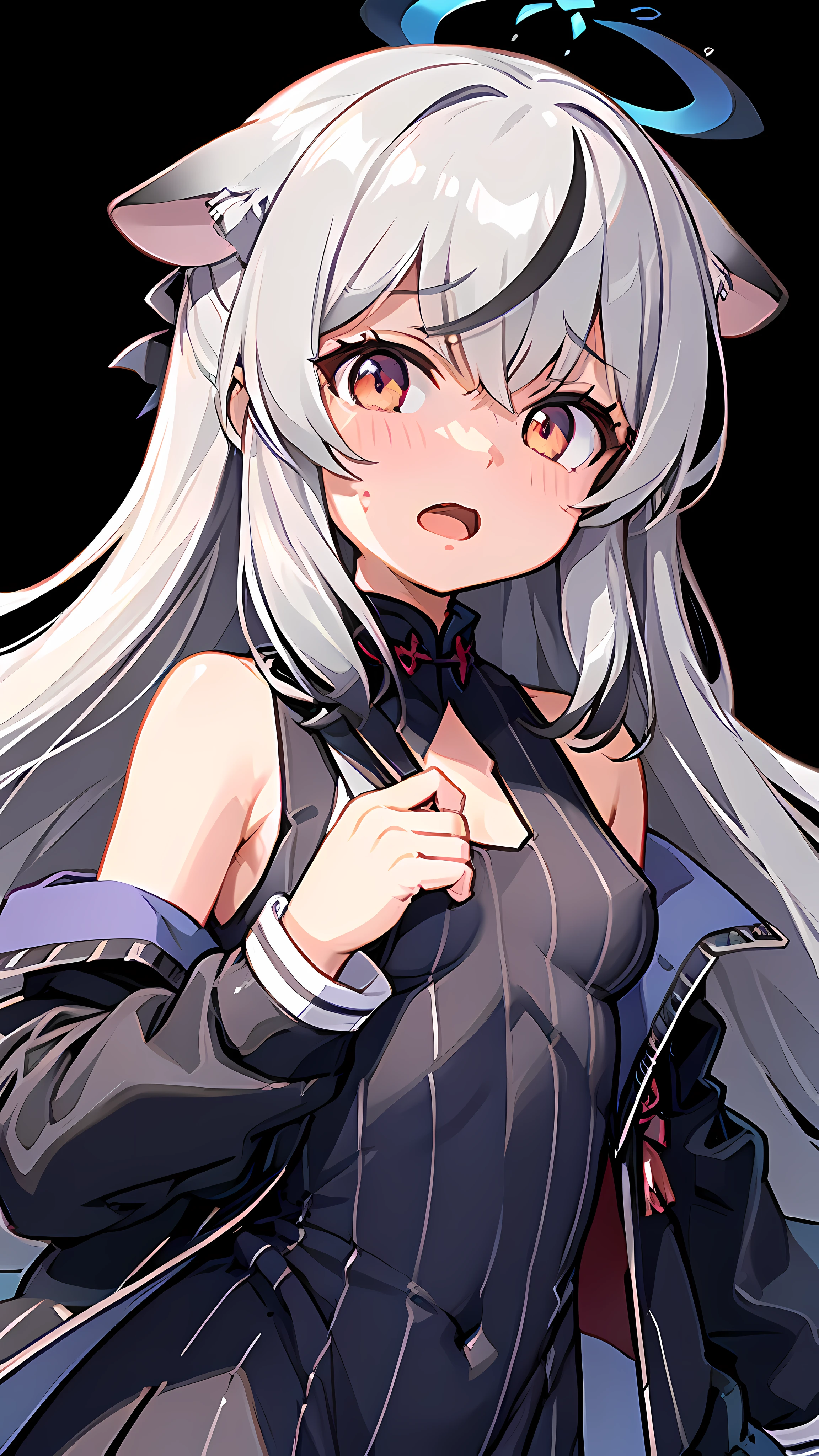 masterpiece, best quality, ultra-detailed, illustration,1girl, black dress, black jacket, blush, breasts, clothing cutout, dress, flying sweatdrops, halo, jacket, kokona, long sleeves, looking at viewer, open mouth, simple background, solo, upper body, white background