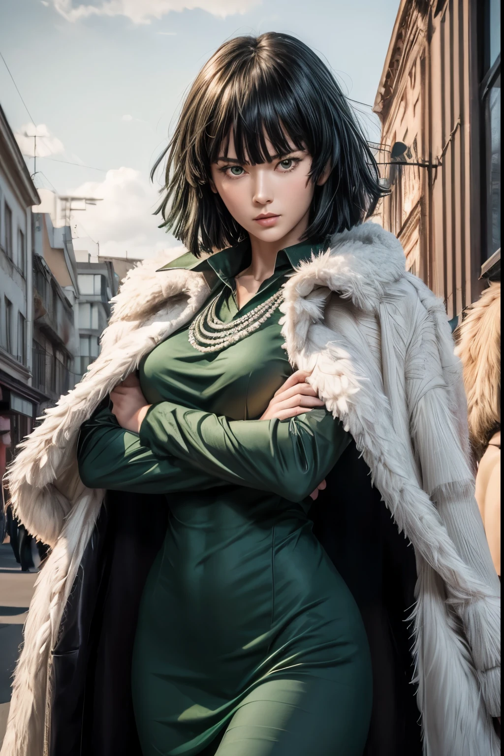 Fubuki,1girl,jewelry,dress,fubuki (one-punch man),solo,necklace,short hair,green eyes,bangs,green dress,pearl necklace,long sleeves,fur coat,blunt bangs,pantyhose,thighhighs,black pantyhose,black thighhighs,full body,bob cut, realistic, ultra detail, 70mm lens