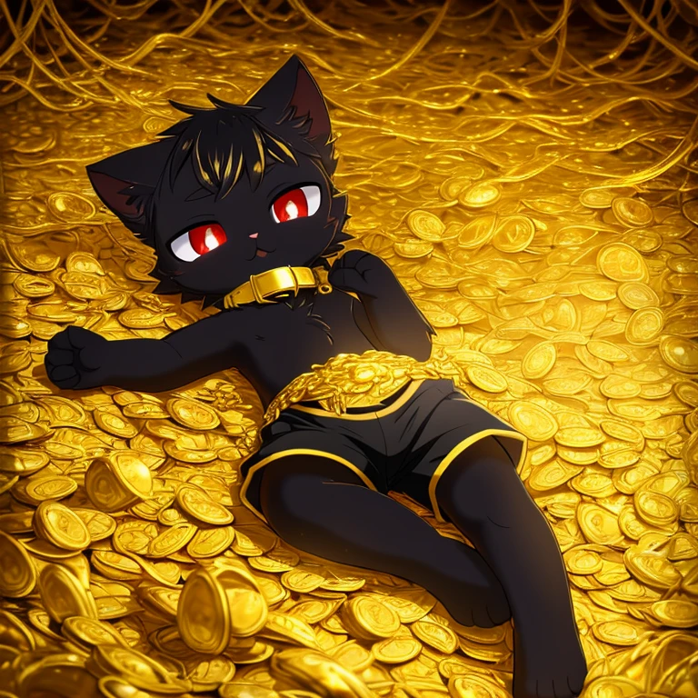 (4K,masterpiece:1.2),super detailed,A black cat in shorts,collar,red pupils,cat ears,cat nose,Tangled in golden slime,Golden Slime,The ground is piled with gold, silver and jewelry,gold coins,lie on