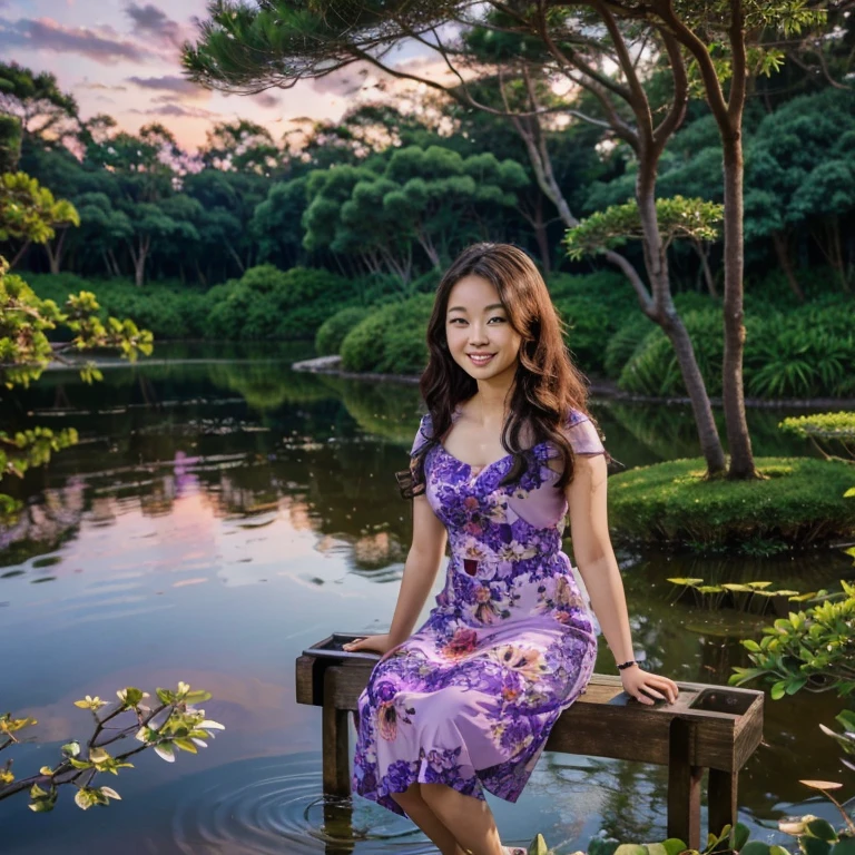 Cute Girl, beautiful, slight asian heritage, shiny curly hair that fans out a lot towards the bottom, modest, big flowey dress, soft face, hyper realistic, a smile as if she found her soulmate, sitting on a swing hanging from a bonsai tree, surrounded by a circular pond with her on a patch of land in the middle, slight breeze, flowers in the water, purplish sunset in the background behind a thick forest, colorful