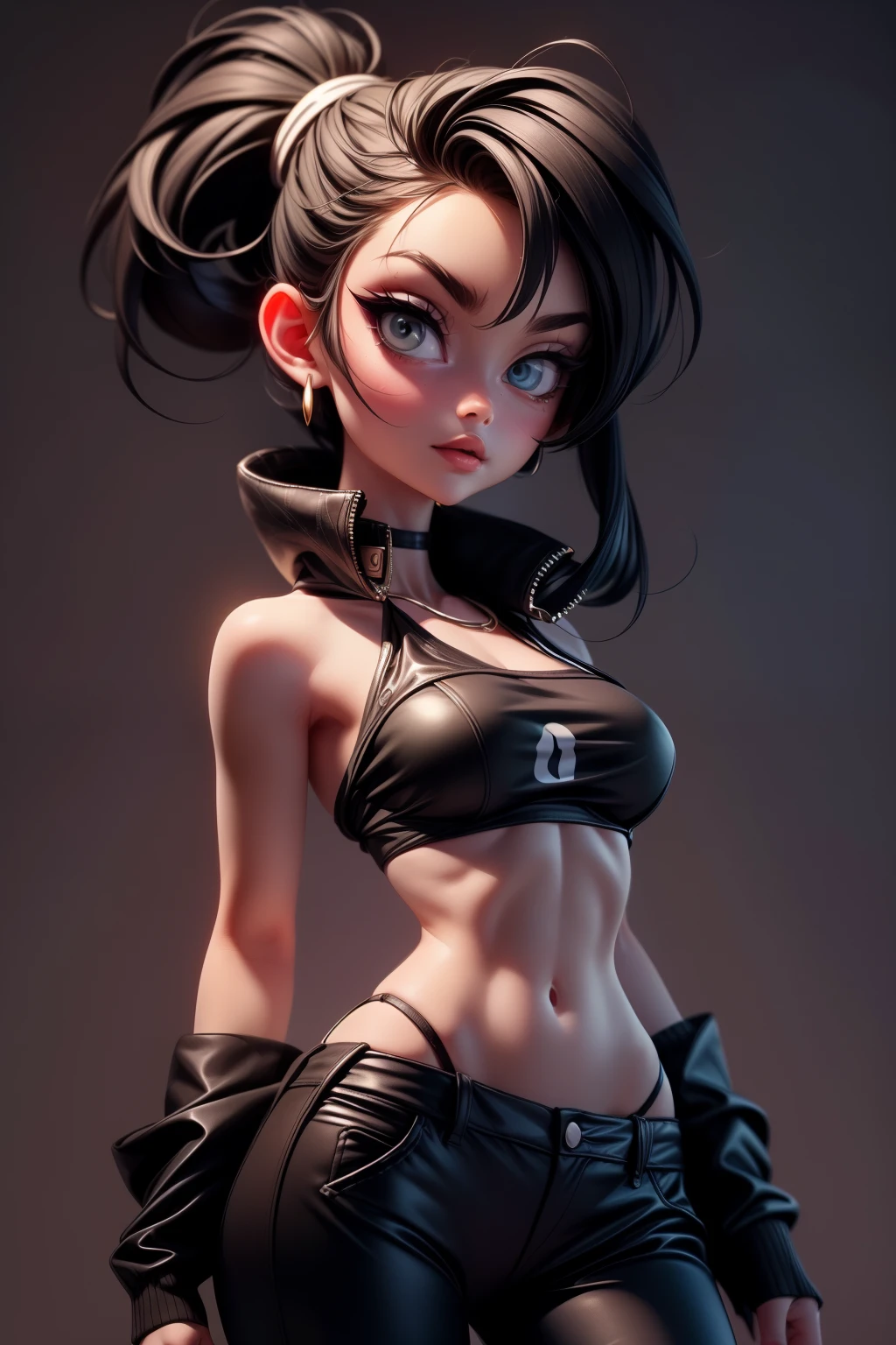 professional photoshoot, solo, emmanorts as apocalypse mercenary female, (black hair:1.2), tight medium hairstyle, medium hair, visible forehead, black ((black tube bra)), (dark tube top bikini:1.5), (black crop top), ((visible underboob)), leather pants, large breasts,, aesthetic should be classy and elegant, blank background