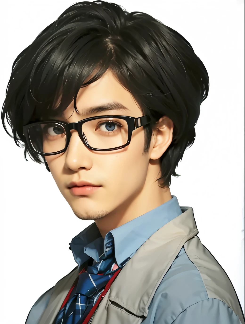 glasses,black hair,Divided into 73,less big breasts々stubble,white clothes,eyes are black,Blue checked tie,light blue shirt,photograph,8K,highest quality,best details