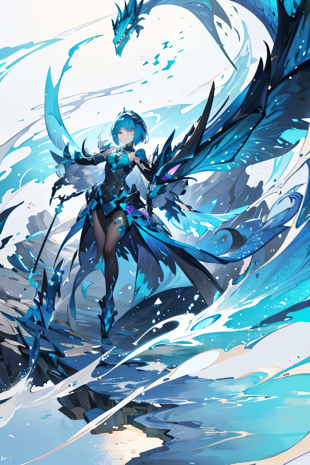 Masterpiece, best quality, a woman in black and blue walking in water with a dragon, in the style of mecha anime art, gray and bronze colors dominating the scene, with light white and teal accents, intricate hand-painted details adding texture and depth, genderless figure exuding power and mystery, gongbi technique used to create bold lines and dynamic shading, dragon's scales shimmering with iridescent colors, water's surface rippling with each steps the woman takes, perspective view from above, creating a sense of grandeur and vastness.