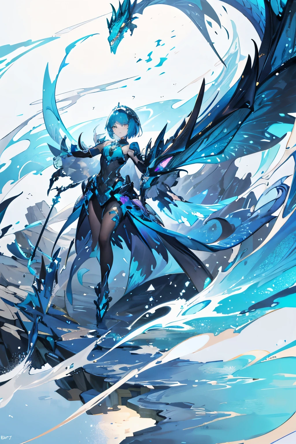 Masterpiece, best quality, a woman in black and blue walking in water with a dragon, in the style of mecha anime art, gray and bronze colors dominating the scene, with light white and teal accents, intricate hand-painted details adding texture and depth, genderless figure exuding power and mystery, gongbi technique used to create bold lines and dynamic shading, dragon's scales shimmering with iridescent colors, water's surface rippling with each steps the woman takes, perspective view from above, creating a sense of grandeur and vastness.