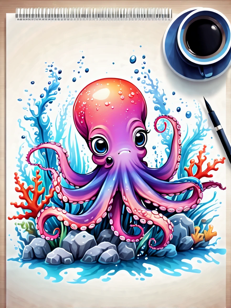 Illustrated style and whimsical atmosphere，an underwater world，((A cute octopus draws on the drawing board:1.5))，((油画颜料和彩色ink的强烈飞溅效果:1.6))，(More ink splatter effects on the canvas and octopus)，(Character covered in ink liquid splatter), (Underwater world background，Splashed ink，ink)，The octopus should look happy doing its art，Surrounded by a vibrant aquatic environment filled with coral and marine life。(vector illustration:1.2)