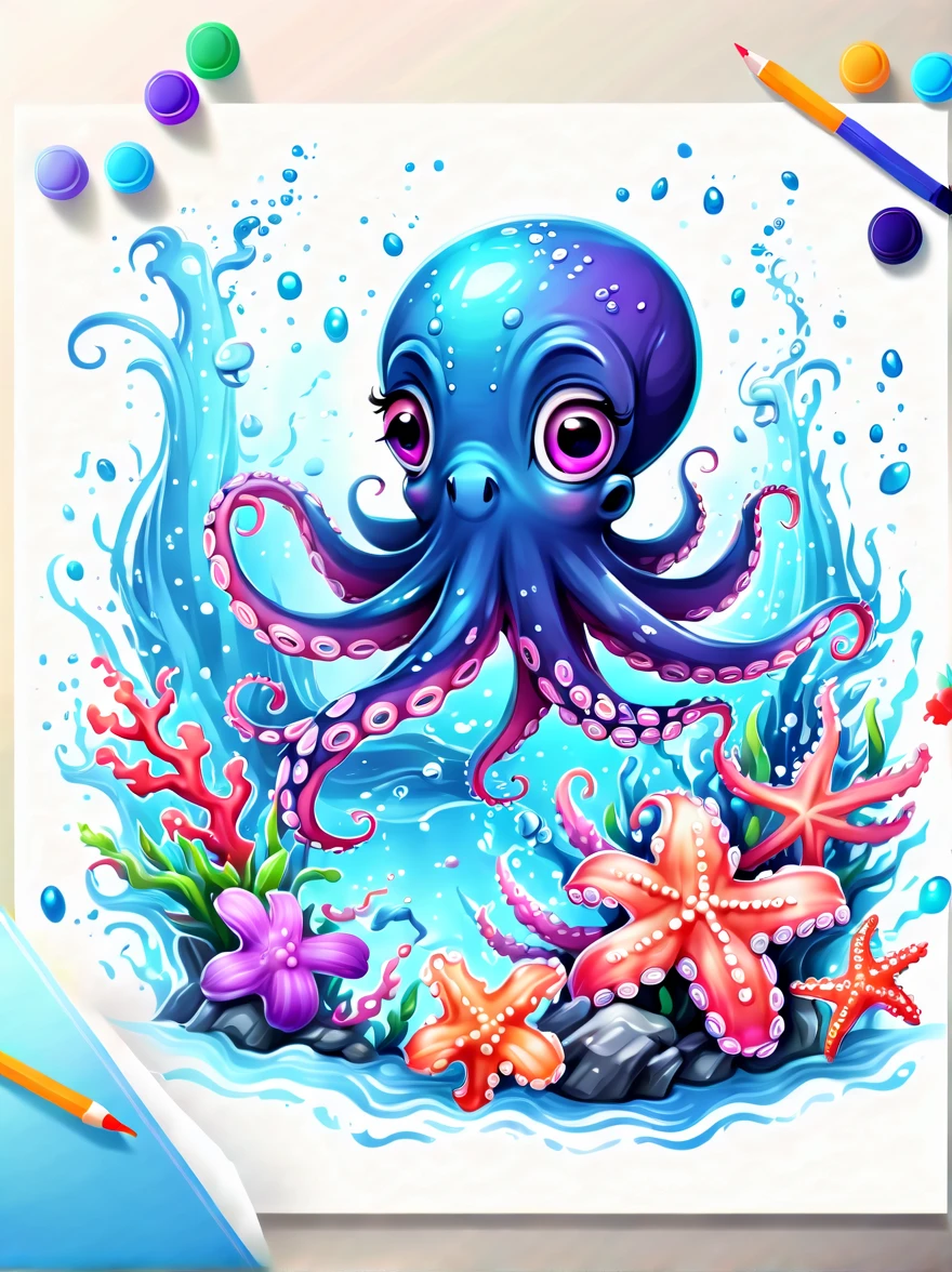 Illustrated style and whimsical atmosphere，an underwater world，((A cute octopus draws on the drawing board:1.5))，((油画颜料和彩色ink的强烈飞溅效果:1.6))，(More ink splatter effects on the canvas and octopus)，(Character covered in ink liquid splatter), (Underwater world background，Splashed ink，ink)，The octopus should look happy doing its art，Surrounded by a vibrant aquatic environment filled with coral and marine life。(vector illustration:1.2)