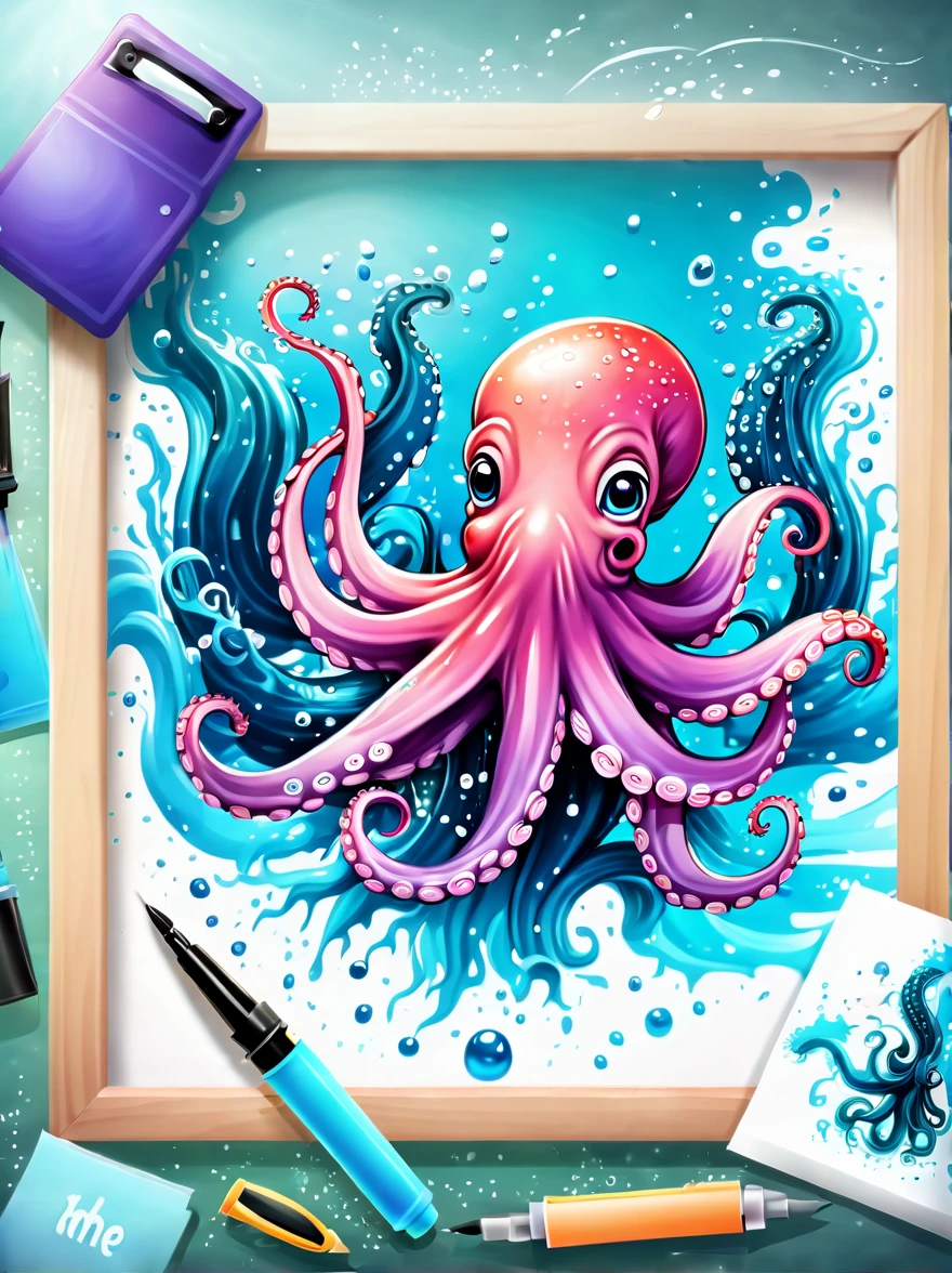 Illustrated style and whimsical atmosphere，an underwater world，((A cute octopus draws on the drawing board:1.5))，((油画颜料和彩色ink的强烈飞溅效果:1.6))，(More ink splatter effects on the canvas and octopus)，(Character covered in ink liquid splatter), (Underwater world background，Splashed ink，ink)，The octopus should look happy doing its art，Surrounded by a vibrant aquatic environment filled with coral and marine life。(vector illustration:1.2)