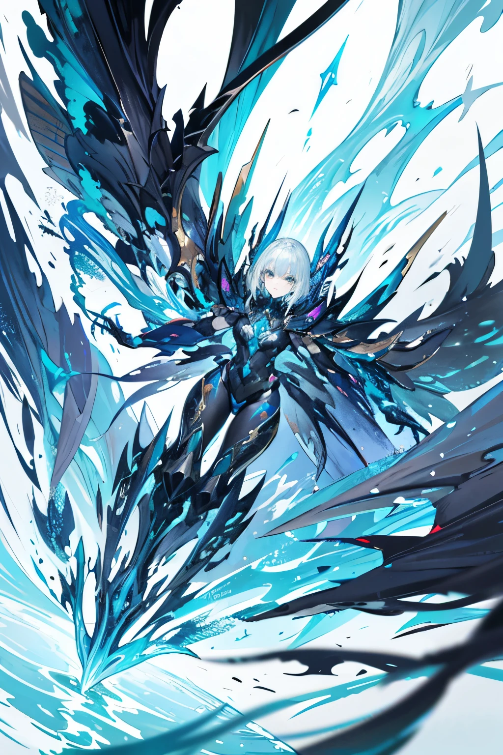 Masterpiece, best quality, a woman in black and blue walking in water with a dragon, in the style of mecha anime art, gray and bronze colors dominating the scene, with light white and teal accents, intricate hand-painted details adding texture and depth, genderless figure exuding power and mystery, gongbi technique used to create bold lines and dynamic shading, dragon's scales shimmering with iridescent colors, water's surface rippling with each steps the woman takes, perspective view from above, creating a sense of grandeur and vastness.