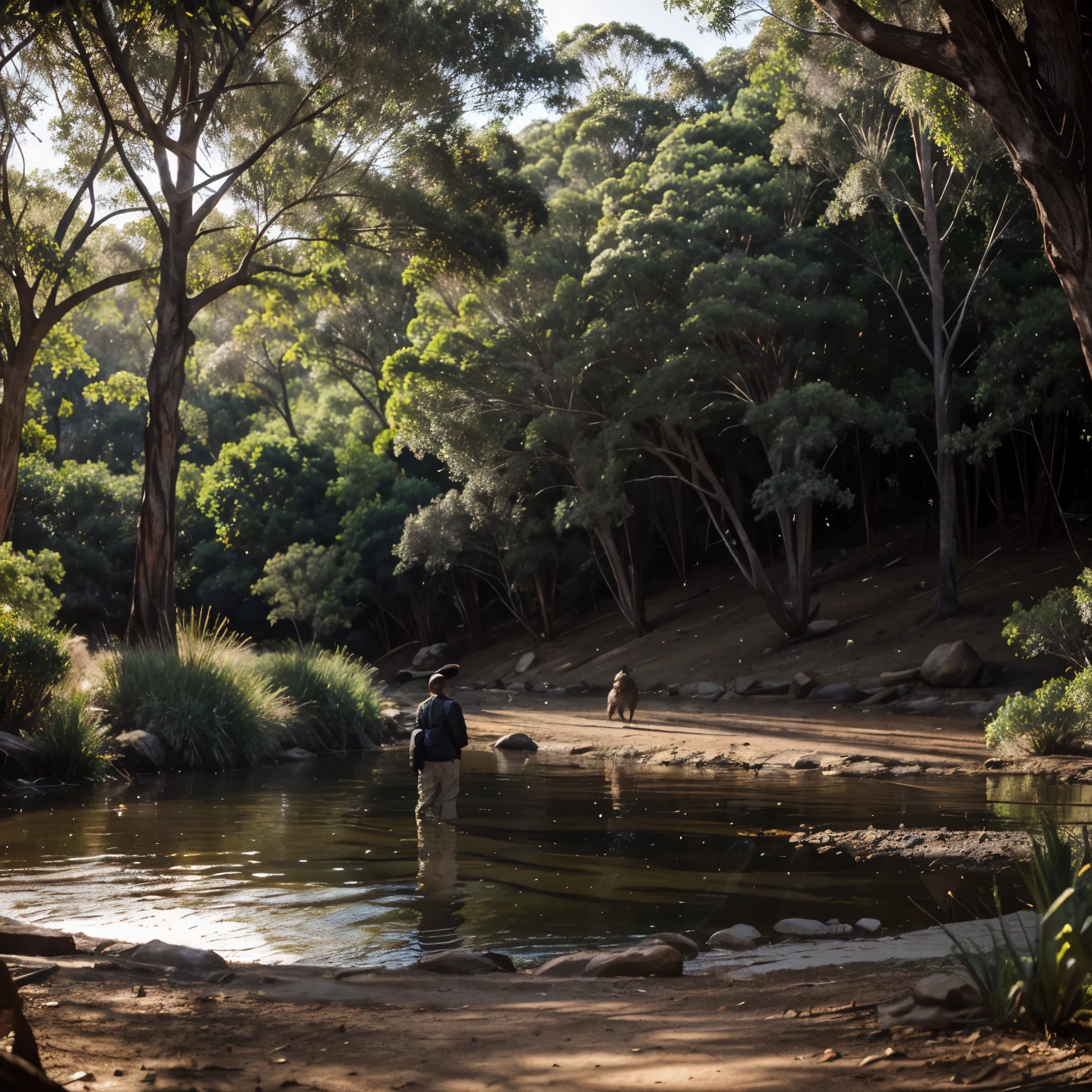 Kangaroo, wombat, emu, kookaburra, eucalyptus tree, platypus, goanna, koala, sandstone, waterhole, billabong, campfire, bushland, creek, river bank, cockatoo, rosella, cassowary, brown snake, didgeridoo, boomerang, Woomera, hot sunny day, shade