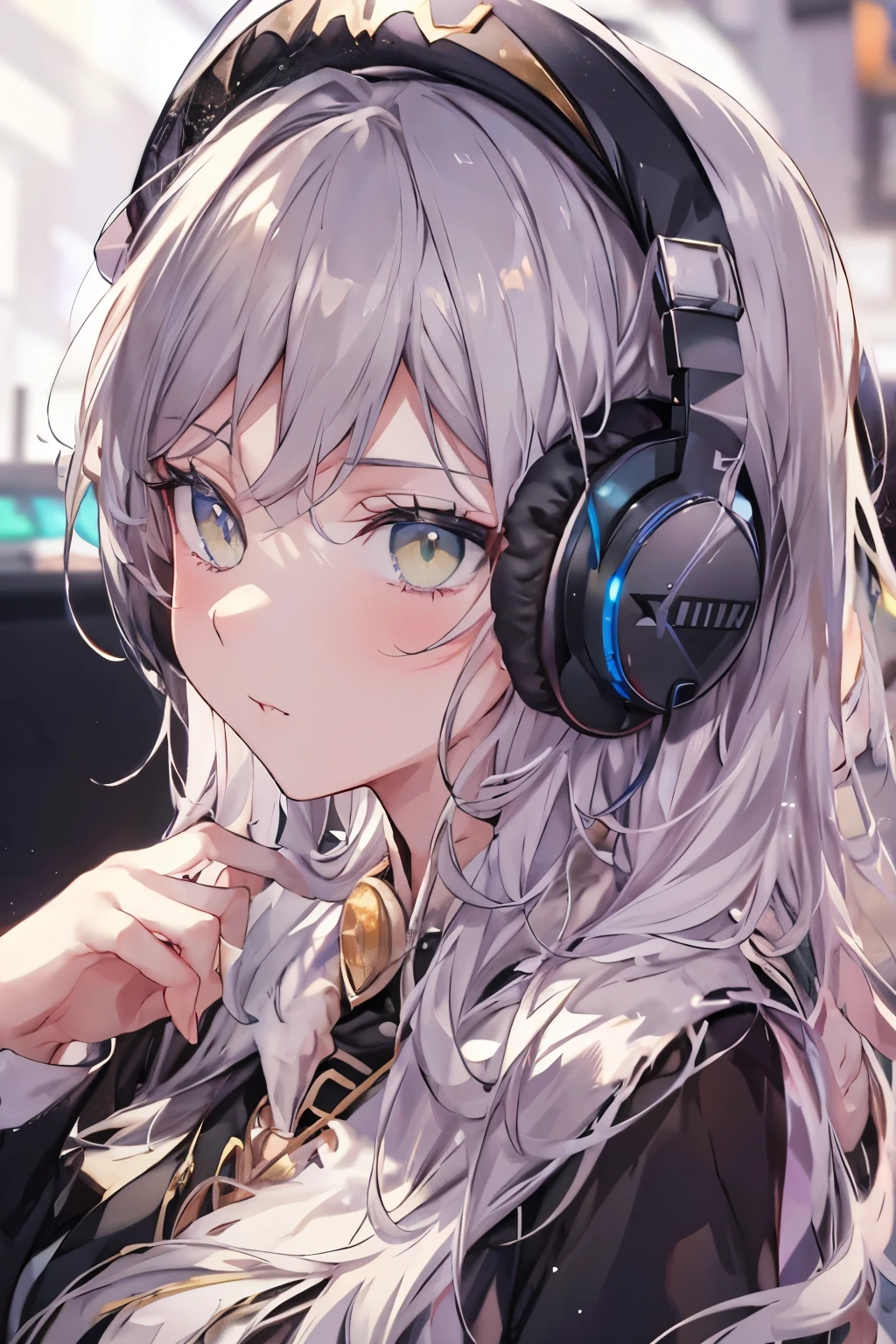 golden eyes、Woman using computer with big screen、silber hair、Semi-long hair、Wearing cool headphones,{{{{{{{{ Black Parker Oversize }}}}}}}},beautiful and delicate golden eyes,Thinking,Black clothes,
