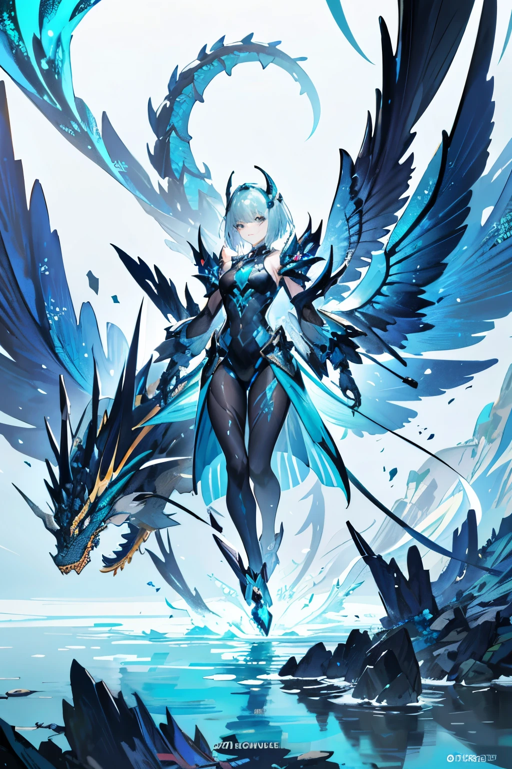 Masterpiece, best quality, a woman in black and blue walking in water with a dragon, in the style of mecha anime art, gray and bronze colors dominating the scene, with light white and teal accents, intricate hand-painted details adding texture and depth, genderless figure exuding power and mystery, gongbi technique used to create bold lines and dynamic shading, dragon's scales shimmering with iridescent colors, water's surface rippling with each steps the woman takes, perspective view from above, creating a sense of grandeur and vastness.
