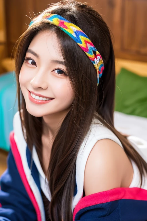 masterpiece, highest quality, 8K, super dense skin, perfect anatomy,Upper body, hot, cute, 1 girl, Colorful long hair,straight hair,oily shiny skin,colorful hoodie,cat ear headband,on the bed,20-year-old,on the bed,cross your legs,looking at the viewer,sharp focus,center the focus,devilish smile,double eyelid,detailed face,smooth skin,highly detailed eyes,Excited,detailed description,sexy pose