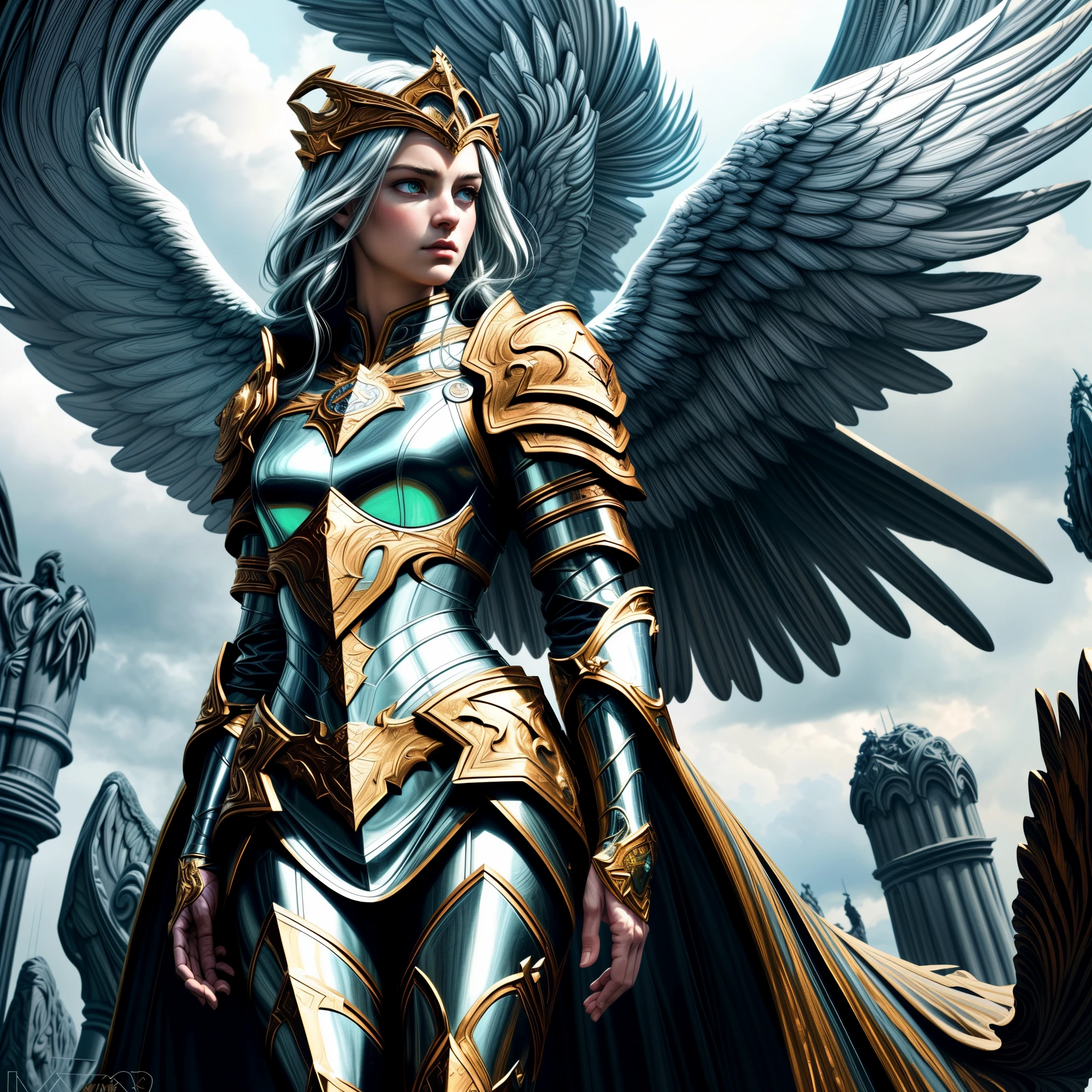 8k, ultra detailed, masterpiece, best quality, (extremely detailed), arafed, dnd art, panoramic view, full body, aasimar cleric casting a flaming spell,  aasimar, female, (Masterpiece 1.3, intense details), female, cleric, holy warrior, casting radiant spell, divine spell (Masterpiece 1.3, intense details) large angelic wings, azure angelic wings spread (Masterpiece 1.3, intense details), fantasy divinel background (Masterpiece 1.5, intense details), sun, clouds, wearing white armor  (Masterpiece 1.5, intense details), blue cloak, flowing robe (Masterpiece 1.3, intense details), high heeled boots (Masterpiece 1.3, intense details), armed with mace, metalic hair, green eyes, intense eyes, feminine, ultra detailed face, (Masterpiece 1.5, best quality), anatomically correct (Masterpiece 1.3, intense details), determined face, divine light, cinematic lighting, soft light, silhouette, photorealism, panoramic view (Masterpiece 1.3, intense details) , Wide-Angle, Ultra-Wide Angle, 8k, highres, best quality, high details