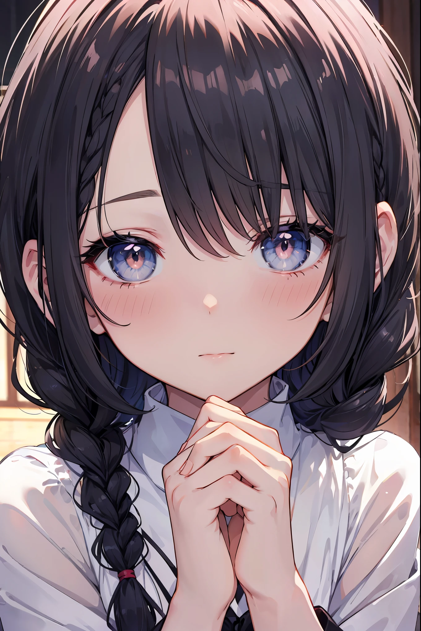 Top Quality, Masterpiece, High Resolution, 8k, Pastel Colors, Anime Style Girl, Light Clothing, One Girl, (Covered One's Cheek with One's Hands): 1.4, Blush, Detailed Line Art, Bright White and Bright Amber Style, Digital Enhancement, Anime Core, Flowing Fabric, Close Up, Hair Length and Short Braids to Shoulder Opening, Beautiful Black Hair, Bust-up