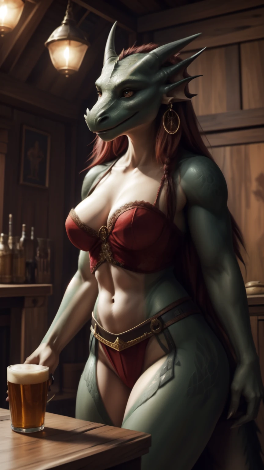 Anthro Dragon, (A woman's face with)beautiful detail eyes, (pa)beautiful detailed lips, (A woman with)Extremely detailed eyes and face, long eyelashes, (The woman) with a scaly fitness body and a long tail, (a) Long hair, (with) membranous ears with earrings, (em) seductive position, (em) tavern, (wearing) Luxurious medieval fantasy outfit, (character) holds two glasses of beer. (Best Quality,4k,8K,hight resolution,Masterpiece:1.2), Ultra-detailed, (Realistic,Photorealistic,photo-realistic:1.37), HDR, UHD, studio lightning, ultra-fine painting, sharp-focus, physical based rendering, extreme detail description, Professional, Vivid colors, bokeh, (em) portrai, landscape, photografic, Concept Artists (style of), (with a) vibrant color palette, (pa) soft-lighting. Jewelry