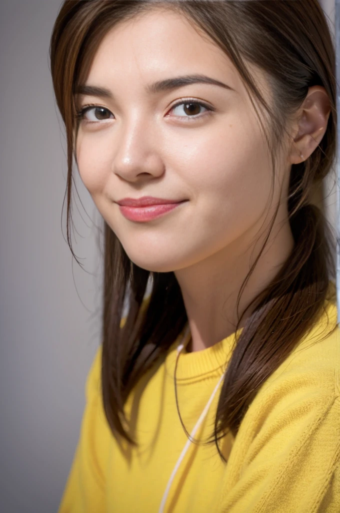 on the table，best quality, realistically, super detailed, fine pubic hair, High resolution, solid color background，8k wallpaper, 1 beautiful woman,,light brown messy hair,  lock focus, perfect dynamic composition, beautiful eyes, delicate hair, 细致realistically的皮肤纹理, smile, close up portrait, model body shape