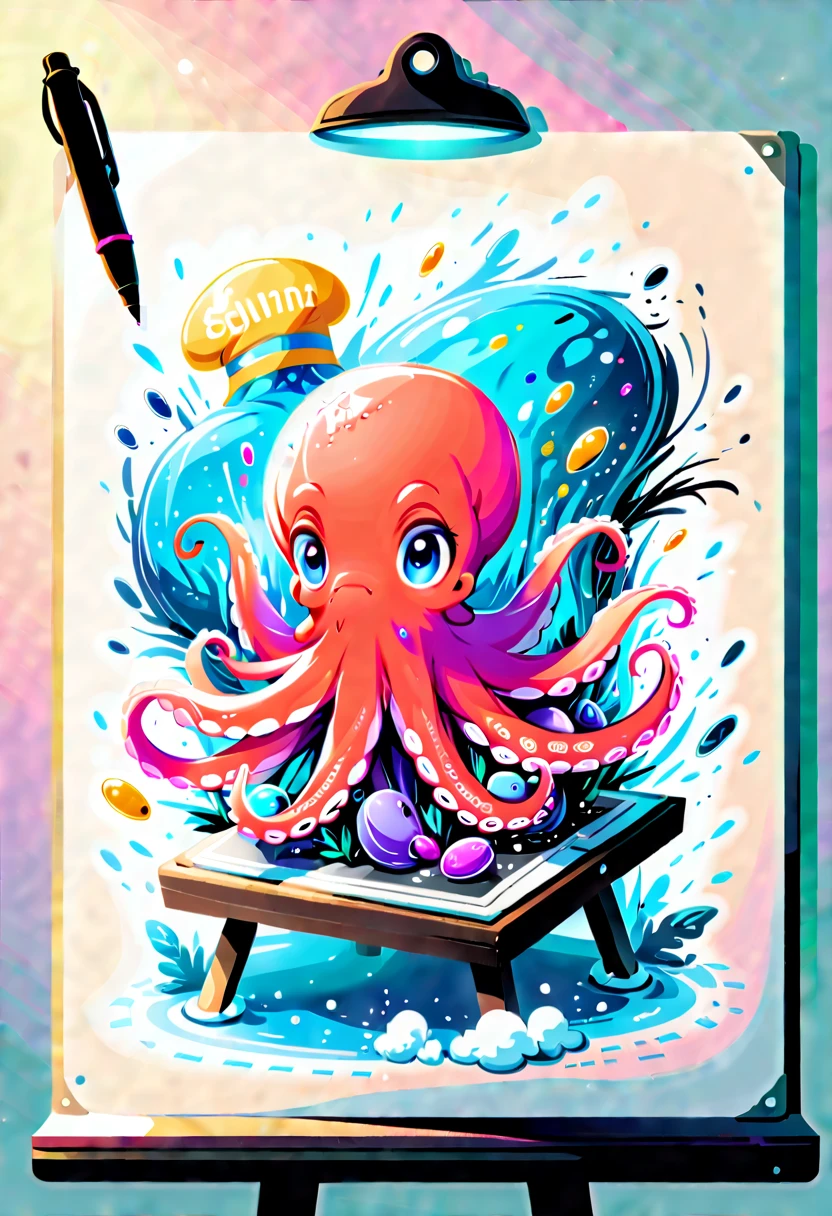 Illustrated style and whimsical atmosphere，an underwater world，((A cute octopus draws on the drawing board:1.5))，((油画颜料和彩色ink的强烈飞溅效果:1.6))，(More ink splatter effects on the canvas and octopus)，(Character covered in ink liquid splatter), (Underwater world background，Splashed ink，ink)，The octopus should look happy doing its art，Surrounded by a vibrant aquatic environment filled with coral and marine life。(vector illustration:1.2)