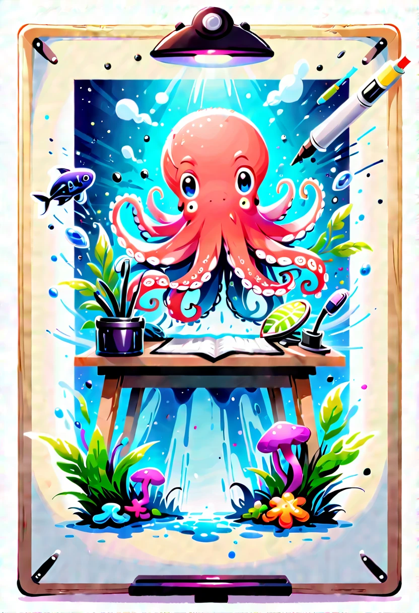 Illustrated style and whimsical atmosphere，an underwater world，((A cute octopus draws on the drawing board:1.5))，((油画颜料和彩色ink的强烈飞溅效果:1.6))，(More ink splatter effects on the canvas and octopus)，(Character covered in ink liquid splatter), (Underwater world background，Splashed ink，ink)，The octopus should look happy doing its art，Surrounded by a vibrant aquatic environment filled with coral and marine life。(vector illustration:1.2)