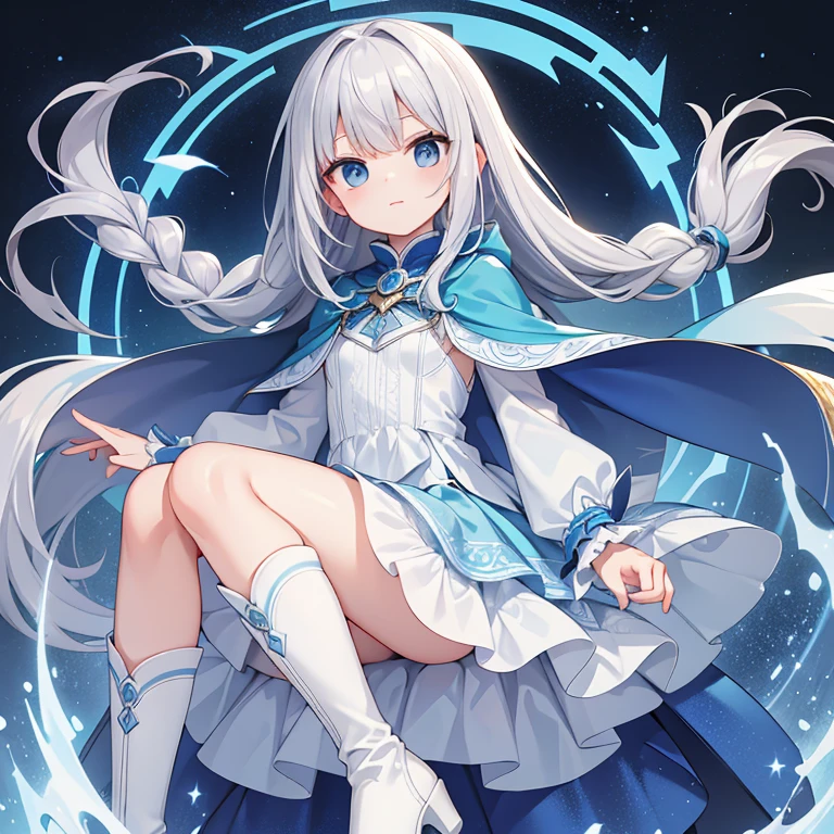 high quality,Lady,Silver hair long hair,Braid,Trim your bangs,blue dress,cape,Clear look,white long boots