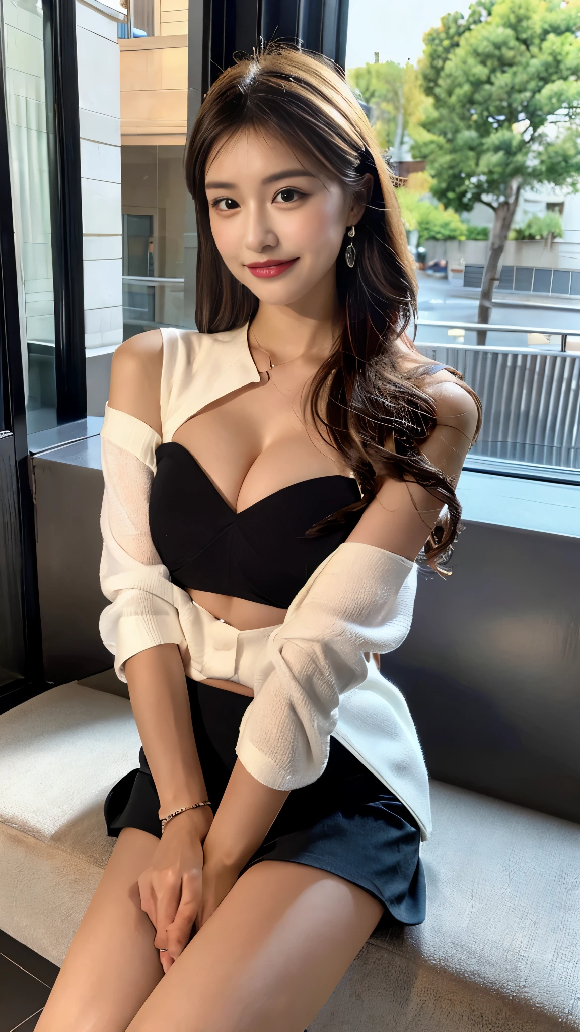 NSFW, (((whole body: 1.3))), ((wide shot, long shot: 1.3)), (In 8K, highest quality, masterpiece: 1.3), (intricate details:1.4), (RAW photo, Photoreal: 1.4), octane rendering, Ultra-detailed complex 3D renderings, soft light in the studio, rim light, vivid details, super detail, realistic skin texture, details face, beautiful detailed eyes, Highly detailed CG Unity 16k wallpaper, compensate, (detailed background: 1.2), realistic skin feel, shiny skin, blur background, Bokeh, Supermodel, perfect body, (woman: 1.4), 1 girl, welcome, 25 years old, costume photography, Overall image, Nikon SLR camera, Focus aperture F.2, Focal length 85mm, (medium breasts), ((Black Band Top: 1.2)), (mini skirt: 1.4), Black bra and garter stockings, (sitting in a chair), (crossed legs), (crossed arms: 1.4), ビジネスカジュアルなドレスを着て写真のためにポーズをとる30歳のwoman, White chair with prian balcony, in studio, elegant dress, black curly hair, double eyelid, black eye, fine eye details, long eyelashes, fine eyelash details, skin as white as snow, Fine skin texture, Pozi style clothing, formal wear, business wear, タイトな赤いmini skirt, business skirt, business skirt, delicate skirt, luxurious skirt, thin waist, detailed images, elegant intellectual charm beautiful, attractive, elegant high quality, Hilarious, romantic, natural smile, look at the camera