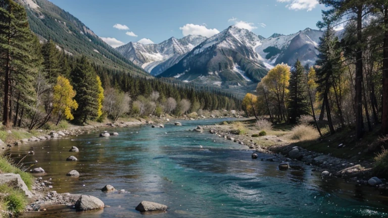beautiful scenery filled with trees and beautiful high mountains, and there is also a wide river