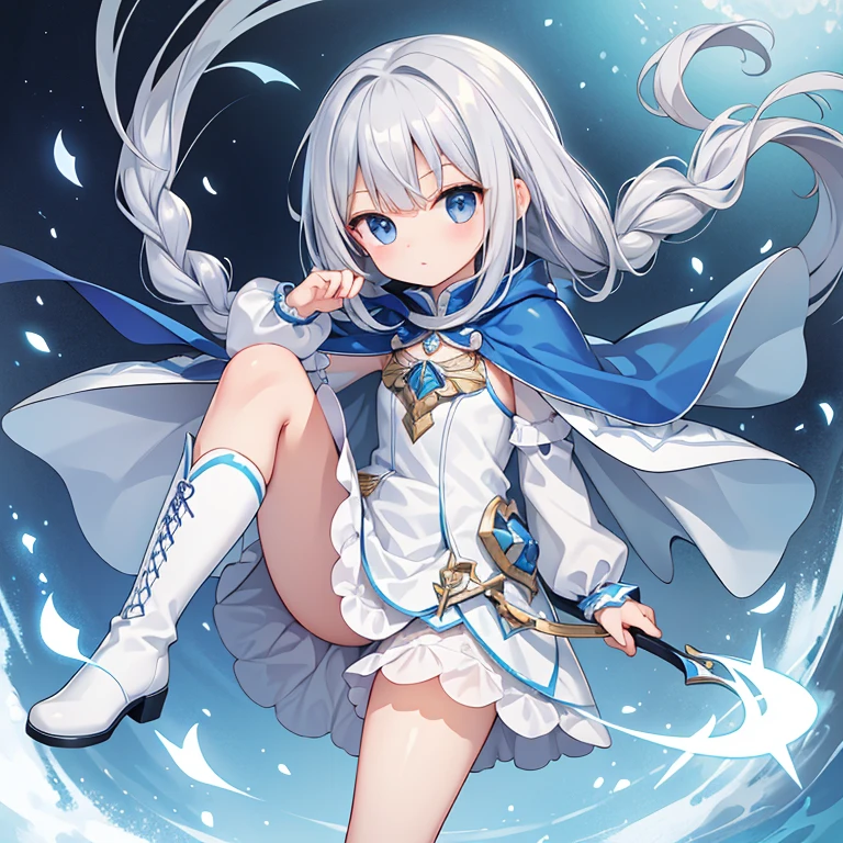 high quality,Lady,Silver hair long hair,Braid,Trim your bangs,blue dress,cape,Clear look,white long boots,kicking,sole,Drawers