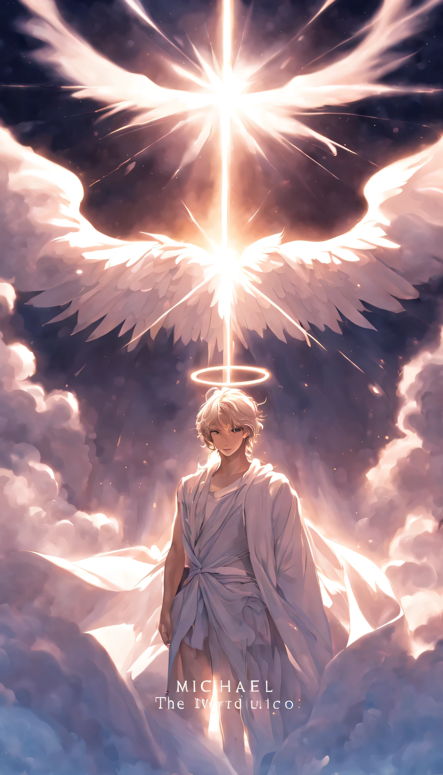 An ethereal background with a shining light, symbolizing the introduction of Michael, the male warrior angel.