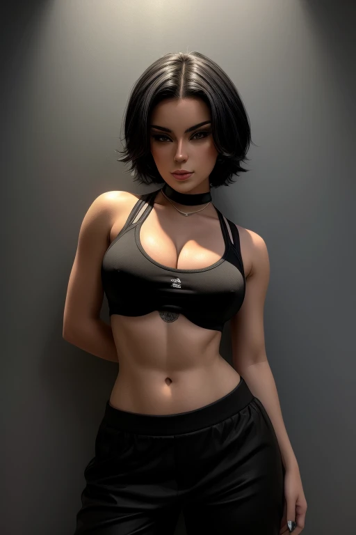 professional photoshoot, solo, emmanorts as apocalypse mercenary female, (black hair:1.2), tight medium hairstyle, medium hair, visible forehead, black ((black tube bra), (dark tube top), (black crop top), ((visible underboob))), green pants, large , aesthetic should be classy and elegant, blank background