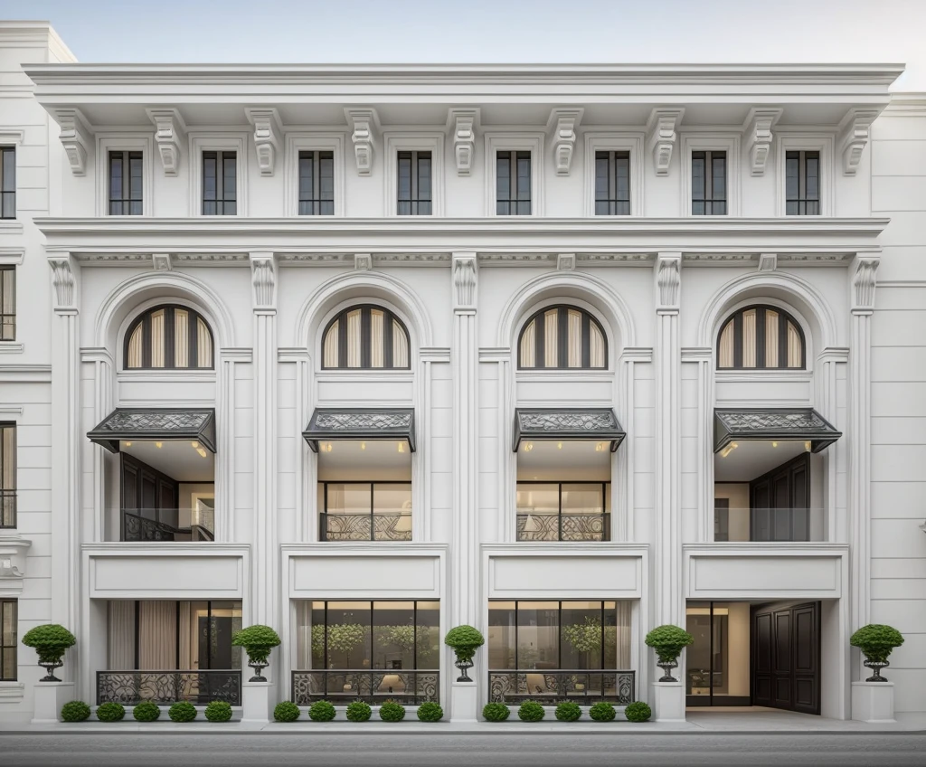 a rendering of a row of modern apartment buildings with balconies, neo - classical style, neo - classical, neo-classical, wide angle exterior 2022, precise architectural rendering, neoclassical style, exterior design, inter dimensional villa, high quality rendering, architectural rendering, residential, neo classical architecture, ultra realistic rendering, rich house, architectural visualization