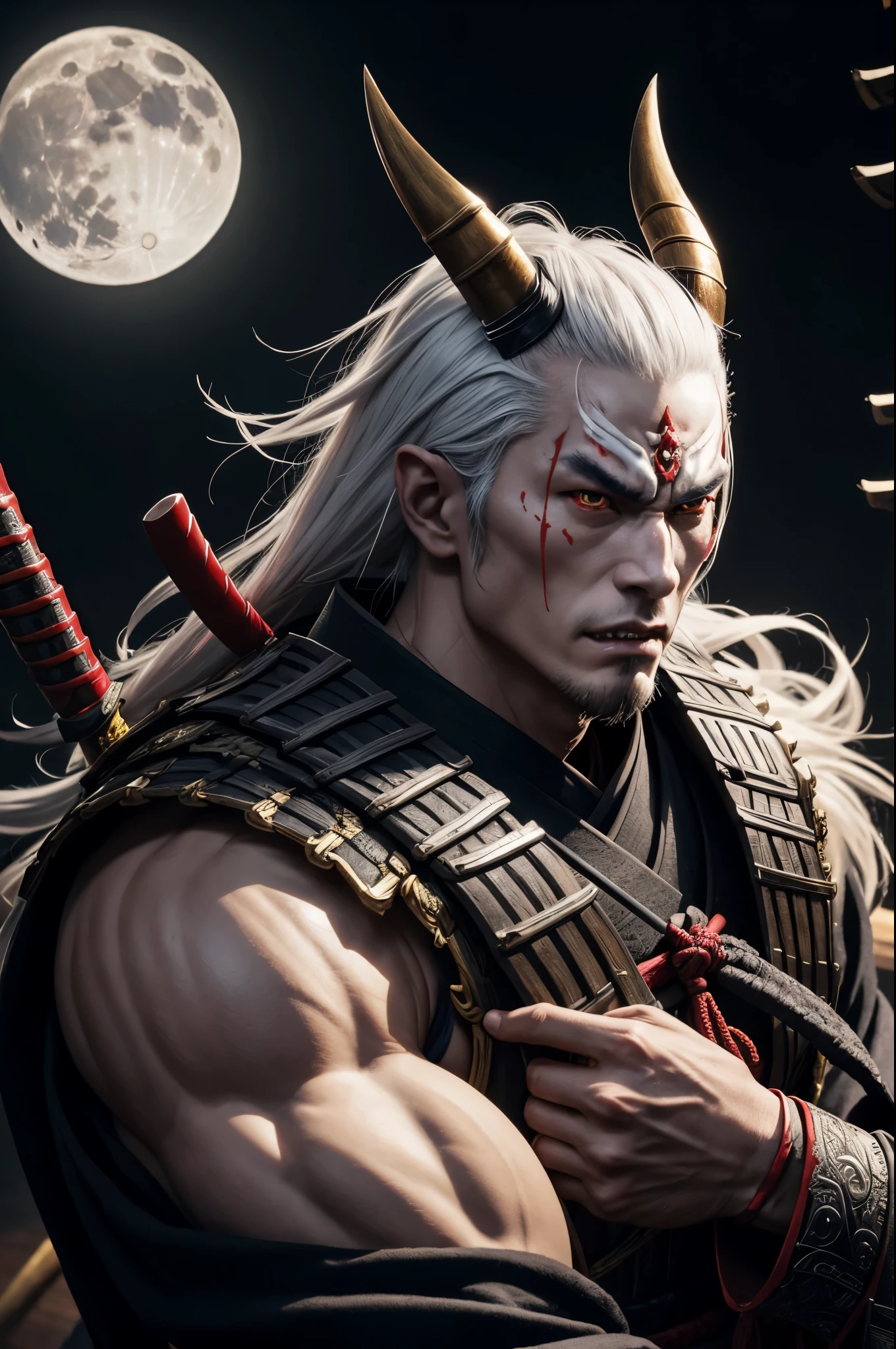 8K,big fangs,Demon man with a big long sword, devil's villain, samurai with demon mask,super handsome(like the real thing),Albino skin,realistic skin golden eyes, Devil Samurai, Devil Samurai戦士, Demon Samurai, Slender muscular macho body,Onmyoji portrait, portrait of a samurai warrior, Samurai Portrait Photography, feudal japanese art, onmyoji, handsome japanese devil boy,1 demon horn(額からbornえている), moon bull samurai,angry expression,rugged appearance,1 white corner,ultra high resolution,Super realistic,rich colors, Backlight, cinematic lighting, film grain, born, 50mm lens, Nikon D850,full moon and bamboo forest,