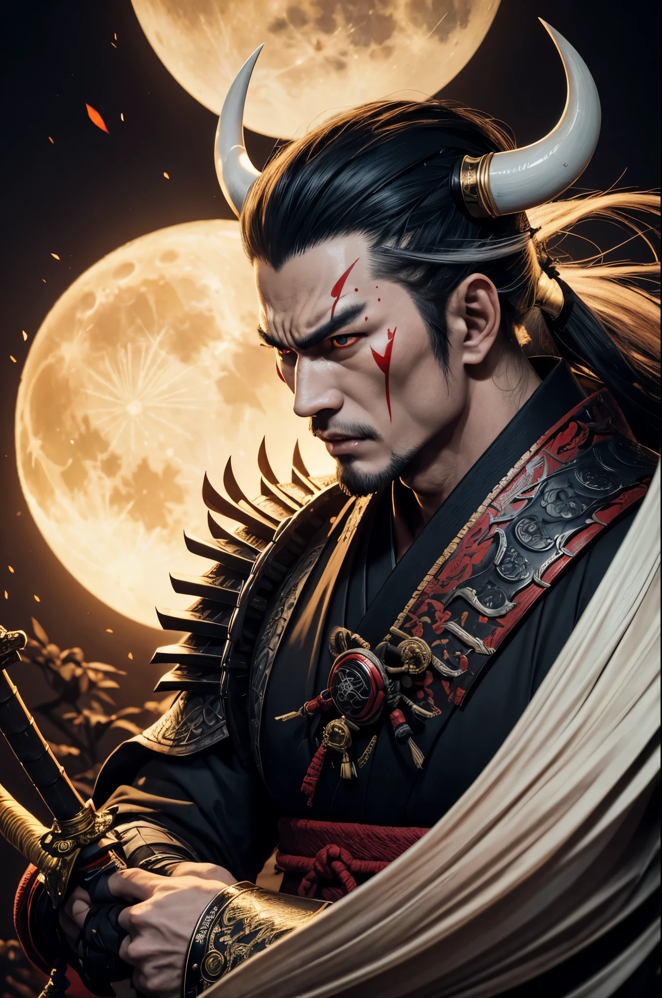 8K,big fangs,Demon man with a big long sword, devil's villain, samurai with demon mask,super handsome(like the real thing),Albino skin,realistic skin golden eyes, Devil Samurai, Devil Samurai戦士, Demon Samurai, Slender muscular macho body,Onmyoji portrait, portrait of a samurai warrior, Samurai Portrait Photography, feudal japanese art, onmyoji, handsome japanese devil boy,1 demon horn(額からbornえている), moon bull samurai,angry expression,rugged appearance,1 white corner,ultra high resolution,Super realistic,rich colors, Backlight, cinematic lighting, film grain, born, 50mm lens, Nikon D850,full moon and bamboo forest,